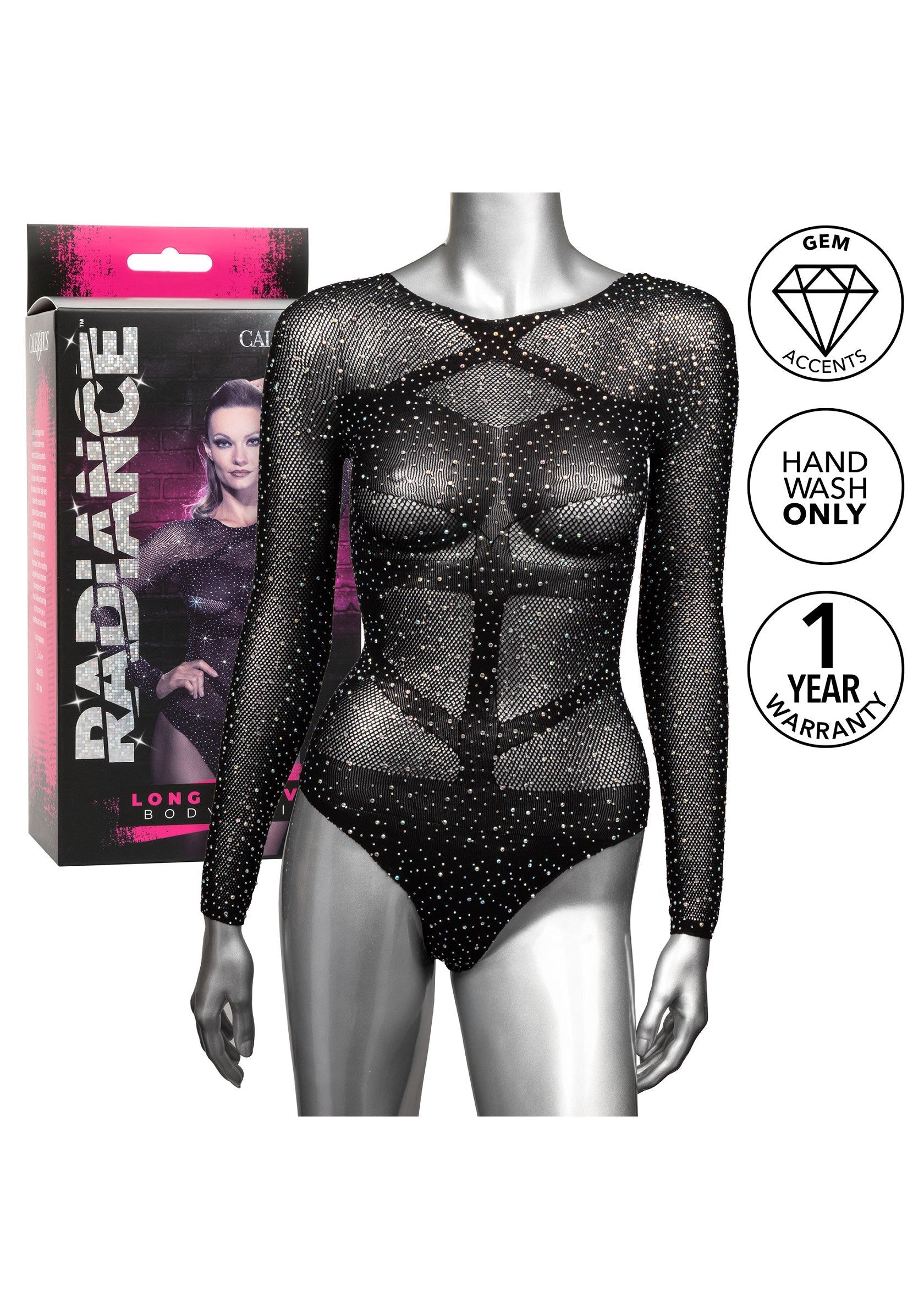 Body noir transparent à manches longues et accents de gemmes. Sexy et élégant.; Zwarte transparante body met lange mouwen en edelsteenaccenten. Sexy en stijlvol.; Black sheer long sleeve bodysuit with gem accents. Sexy and stylish.