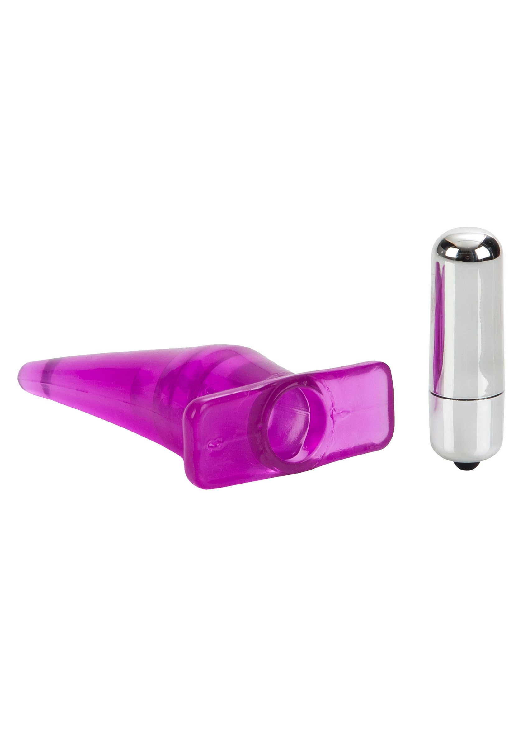 Ensemble vibromasseur et plug anal en silicone violet et argent pour le plaisir anal.; Paarse siliconen anale plug en vibrator set voor anaal genot.; Purple silicone butt plug and bullet vibrator set for anal pleasure.