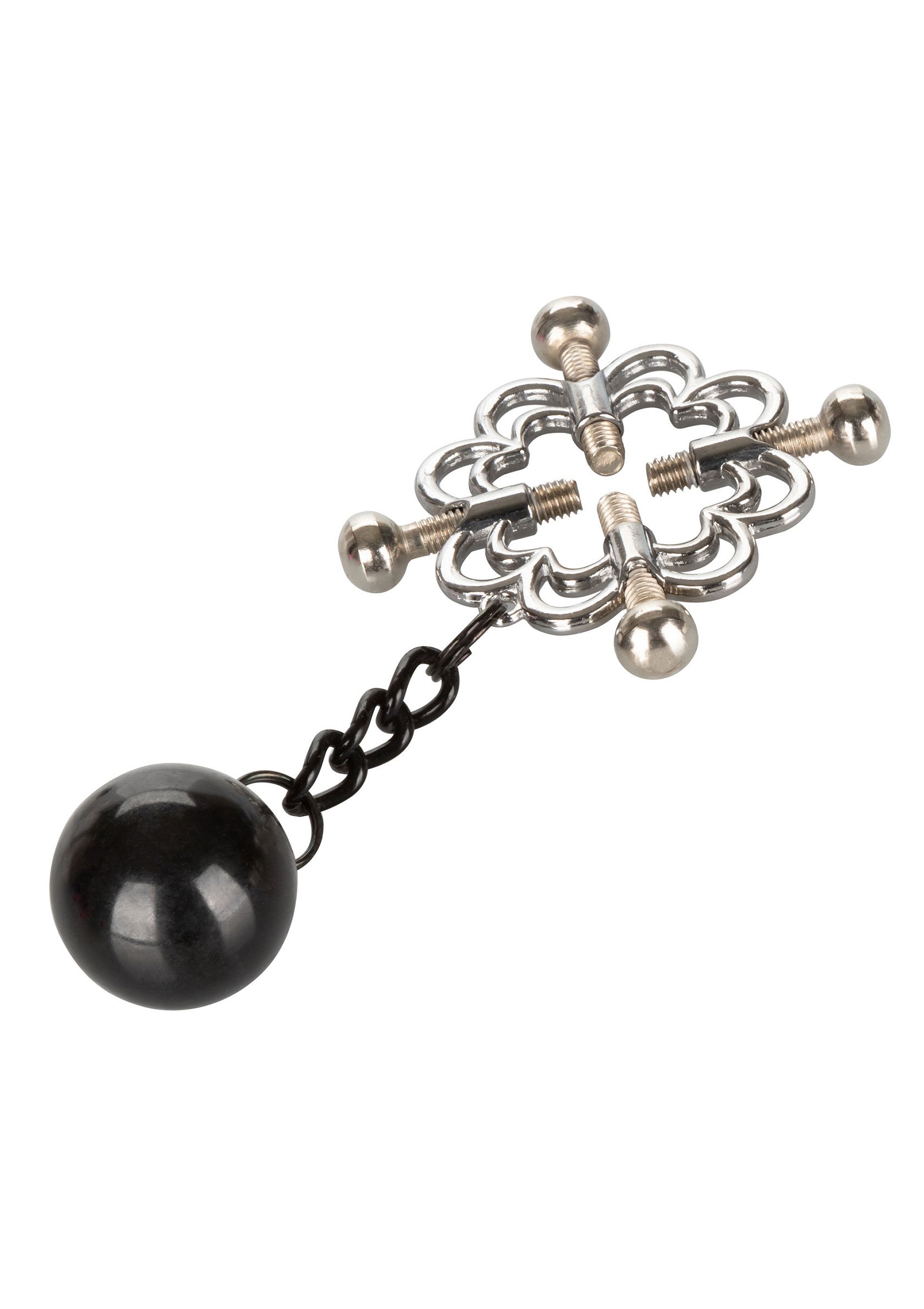 Pinces à tétons en métal avec poids pour un plaisir intense et réglable. Accessoire coquin pour pimenter votre intimité.; Metalen tepelklemmen met gewicht voor intens en regelbaar genot. Een ondeugende accessoire om je intimiteit op te fleuren.; Metal nipple clamps with weight for intense and adjustable pleasure. A naughty accessory to spice up your intimacy.