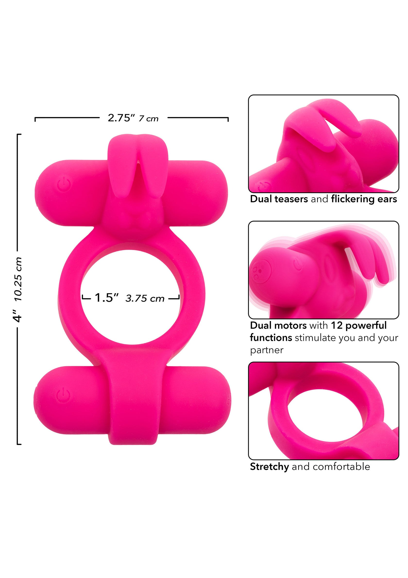 Anneau vibrant rose en forme de lapin avec stimulateur. Idéal pour pimenter votre vie sexuelle. Confortable et extensible.; Roze vibrerende ring in konijnvorm met stimulator. Ideaal om je seksleven op te fleuren. Comfortabel en rekbaar.; Pink vibrating bunny ring with stimulator. Ideal for spicing up your sex life. Comfortable and stretchy.