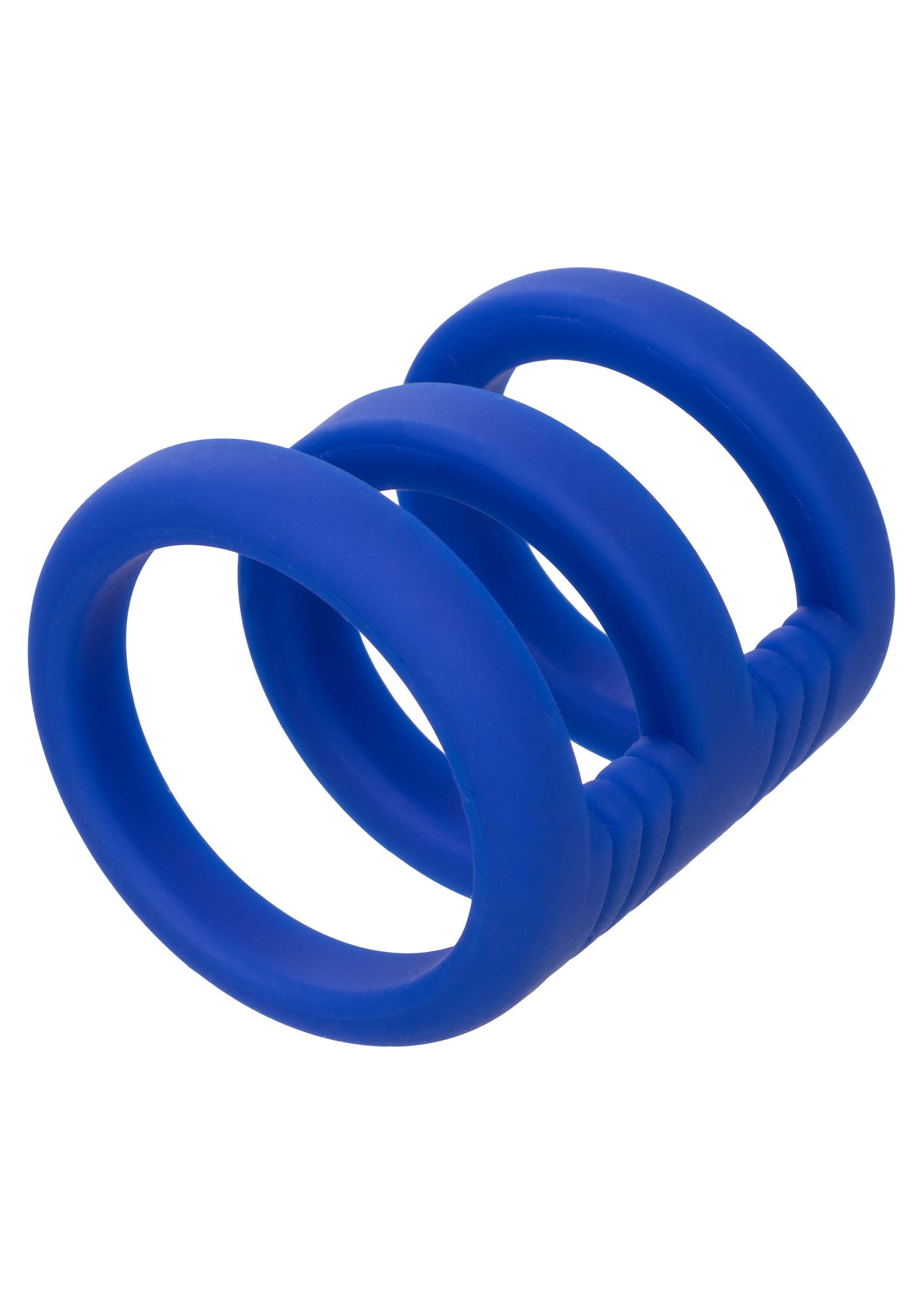 Anneau pénien triple en silicone bleu pour plus de plaisir et de performance.; Blauwe siliconen penisring met drie ringen voor meer plezier en prestaties.; Blue silicone triple cock ring for enhanced pleasure and performance.