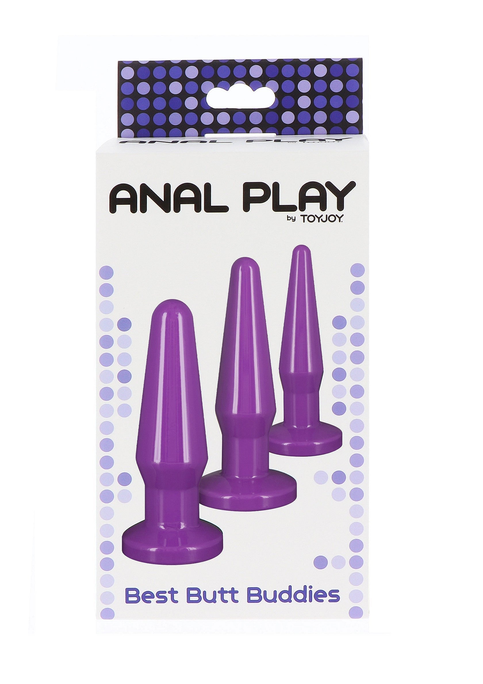 Ensemble de plugs anaux violet de ToyJoy pour le plaisir anal.; Set van 3 paarse buttplugs van ToyJoy voor anale stimulatie.; Purple butt plug set of 3 from ToyJoy for anal stimulation.