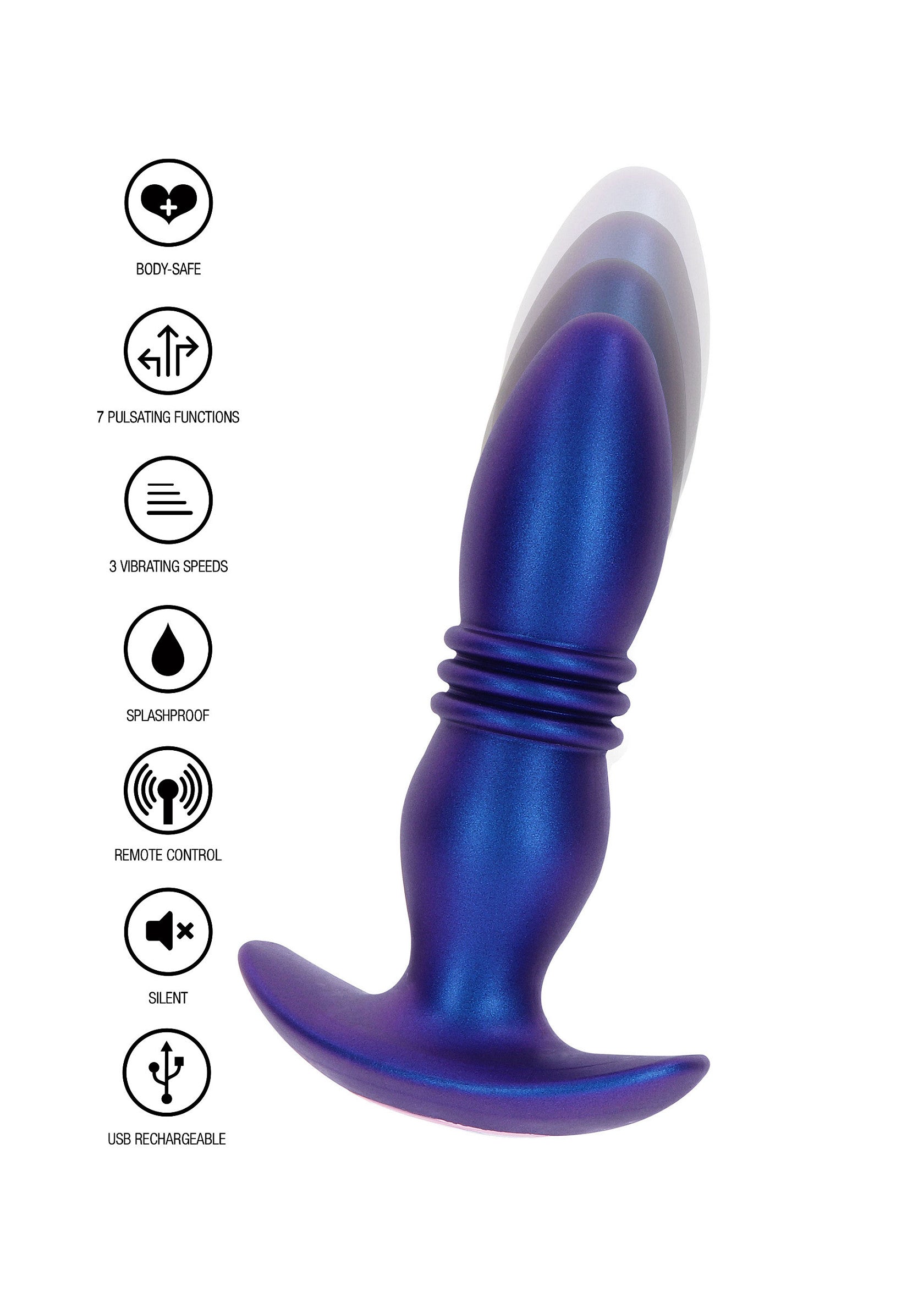Plug anal vibrant en silicone bleu avec télécommande. Rechargeable par USB, étanche et silencieux.; Blauwe siliconen vibrerende anale plug met afstandsbediening. USB oplaadbaar, waterdicht en stil.; Blue silicone vibrating anal plug with remote control. USB rechargeable, splash-proof, and silent.