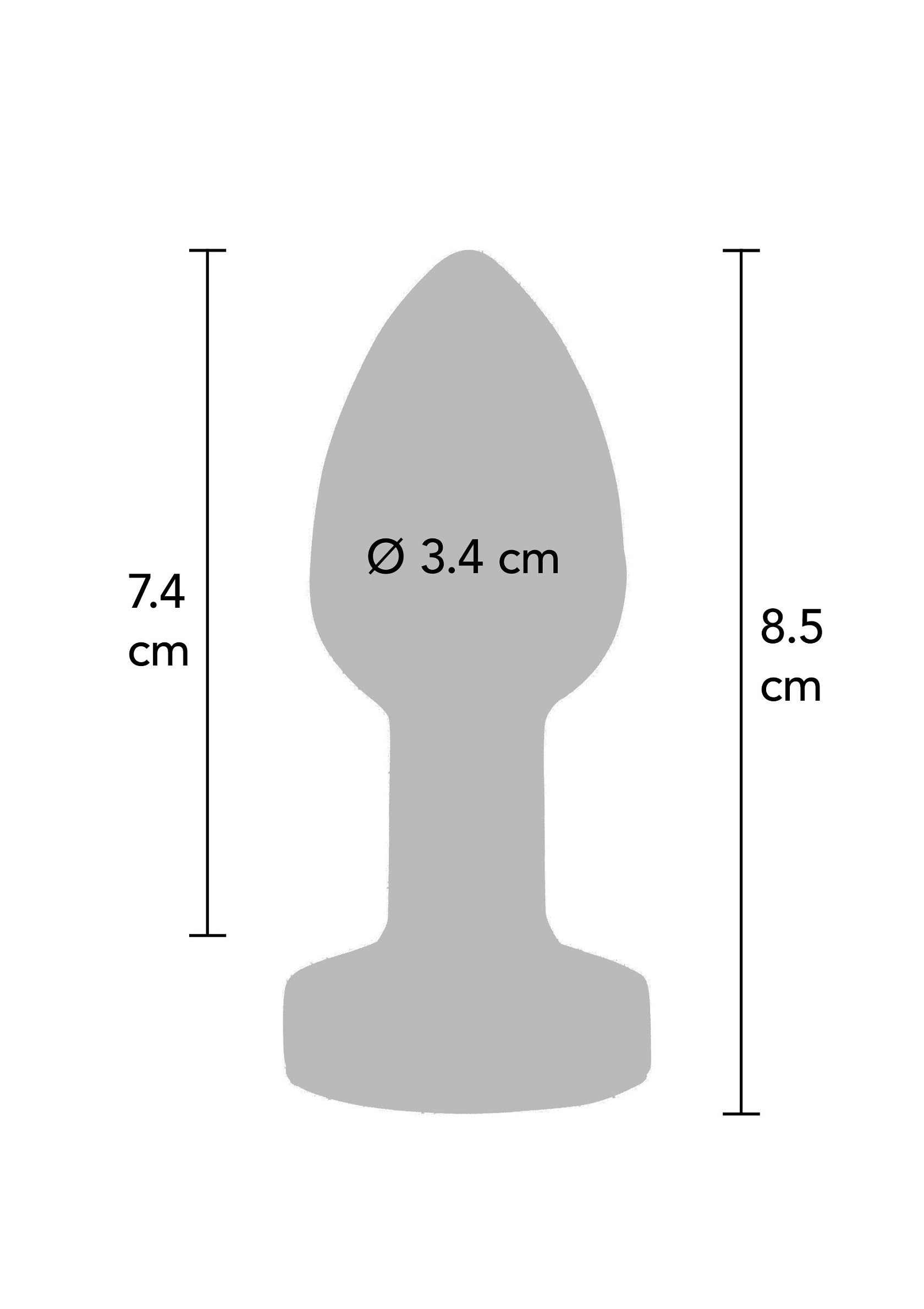 Plug anal gris avec dimensions (8,5 cm de longueur et 3,4 cm de diamètre). Pour plaisir anal.; Grijze anale plug met afmetingen (8,5 cm lang en 3,4 cm diameter). Voor anale stimulatie.; Grey butt plug with dimensions (8.5 cm long and 3.4 cm diameter). For anal pleasure.