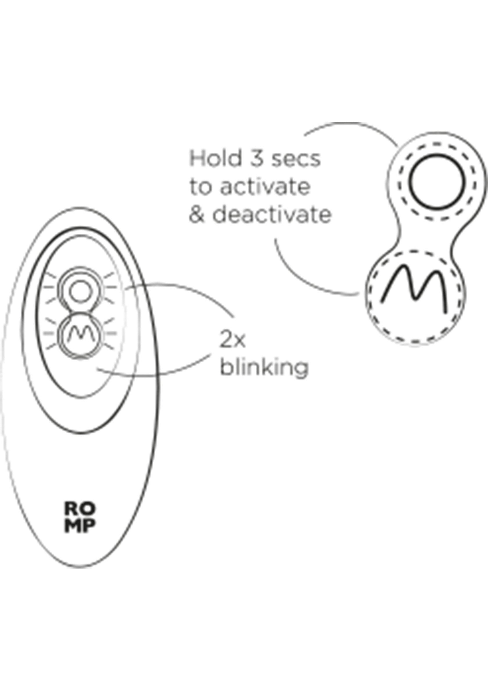 Instructions d'activation/désactivation ROMP : maintenir 3 secondes pour activer/désactiver. Clignote 2x.; ROMP activeren/deactiveren instructies: 3 sec. vasthouden om te activeren/deactiveren. Knippert 2x.; ROMP activation/deactivation instructions: Hold 3 secs to activate/deactivate. 2x blinking.