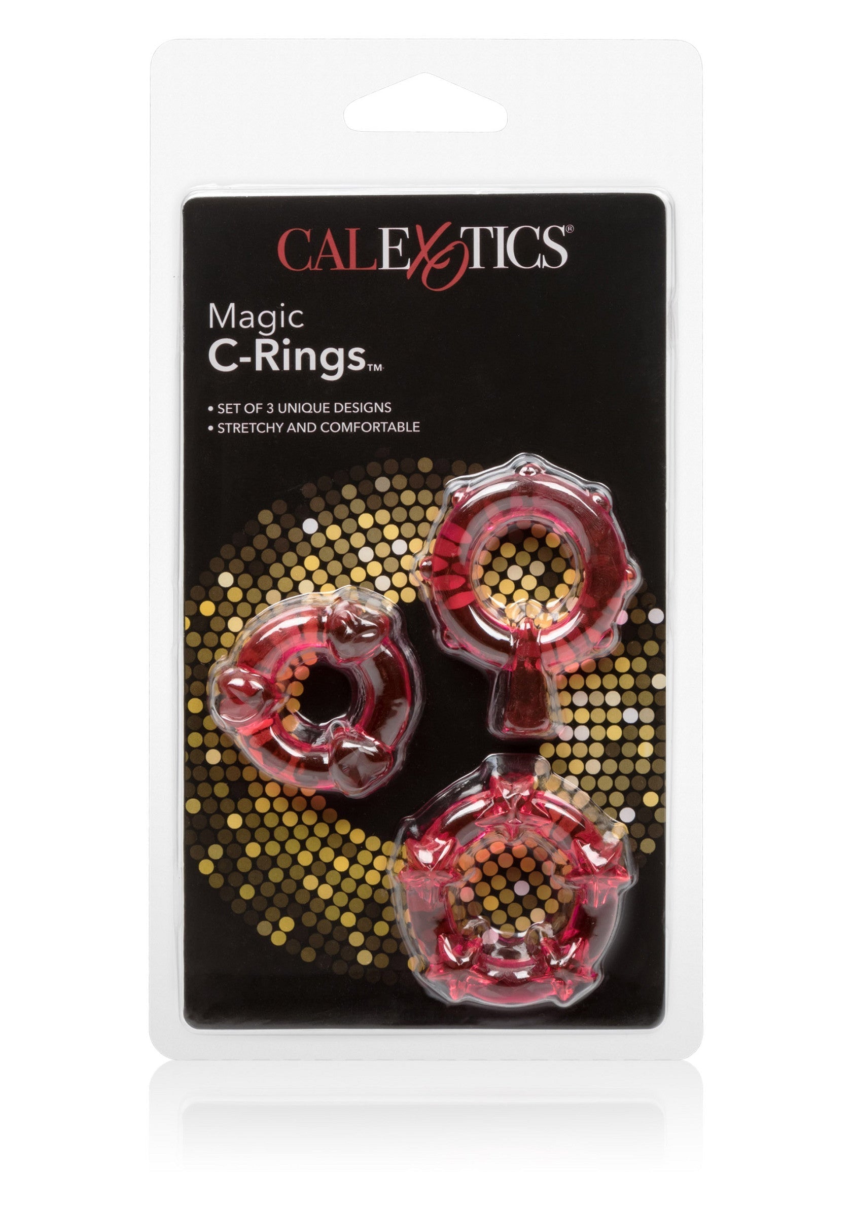 Anneaux péniens Magic C-Rings CalExotics, lot de 3 modèles uniques, extensible et confortable.; CalExotics Magic C-Rings, set van 3 unieke designs, rekbaar en comfortabel.; CalExotics Magic C-Rings, set of 3 unique designs, stretchy and comfortable.
