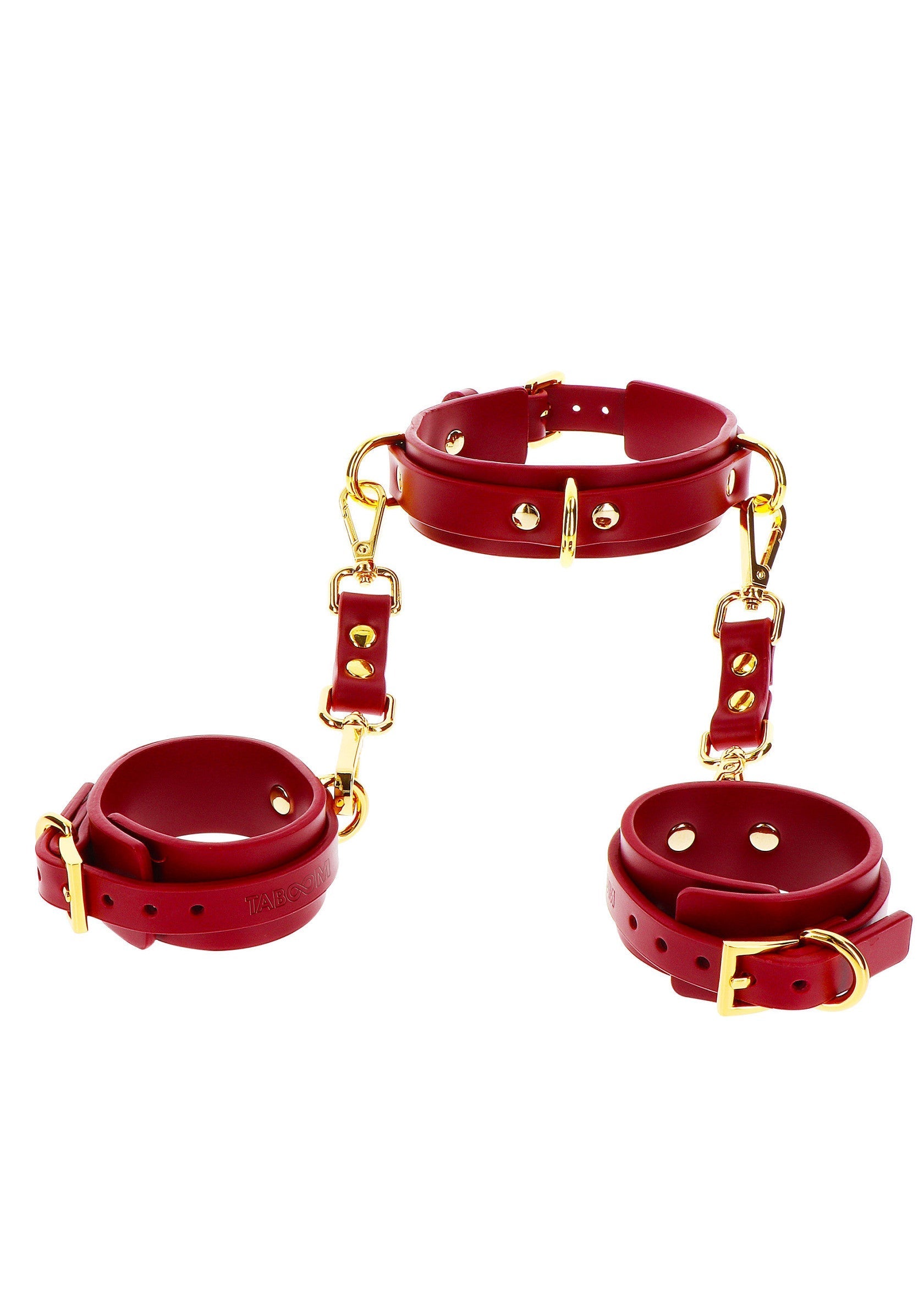 Ensemble de bondage rouge avec collier et menottes pour une expérience coquine et excitante.; Rode bondage set met halsband en handboeien voor een ondeugende en opwindende ervaring.; Red bondage set with collar and cuffs for a naughty and exciting experience.