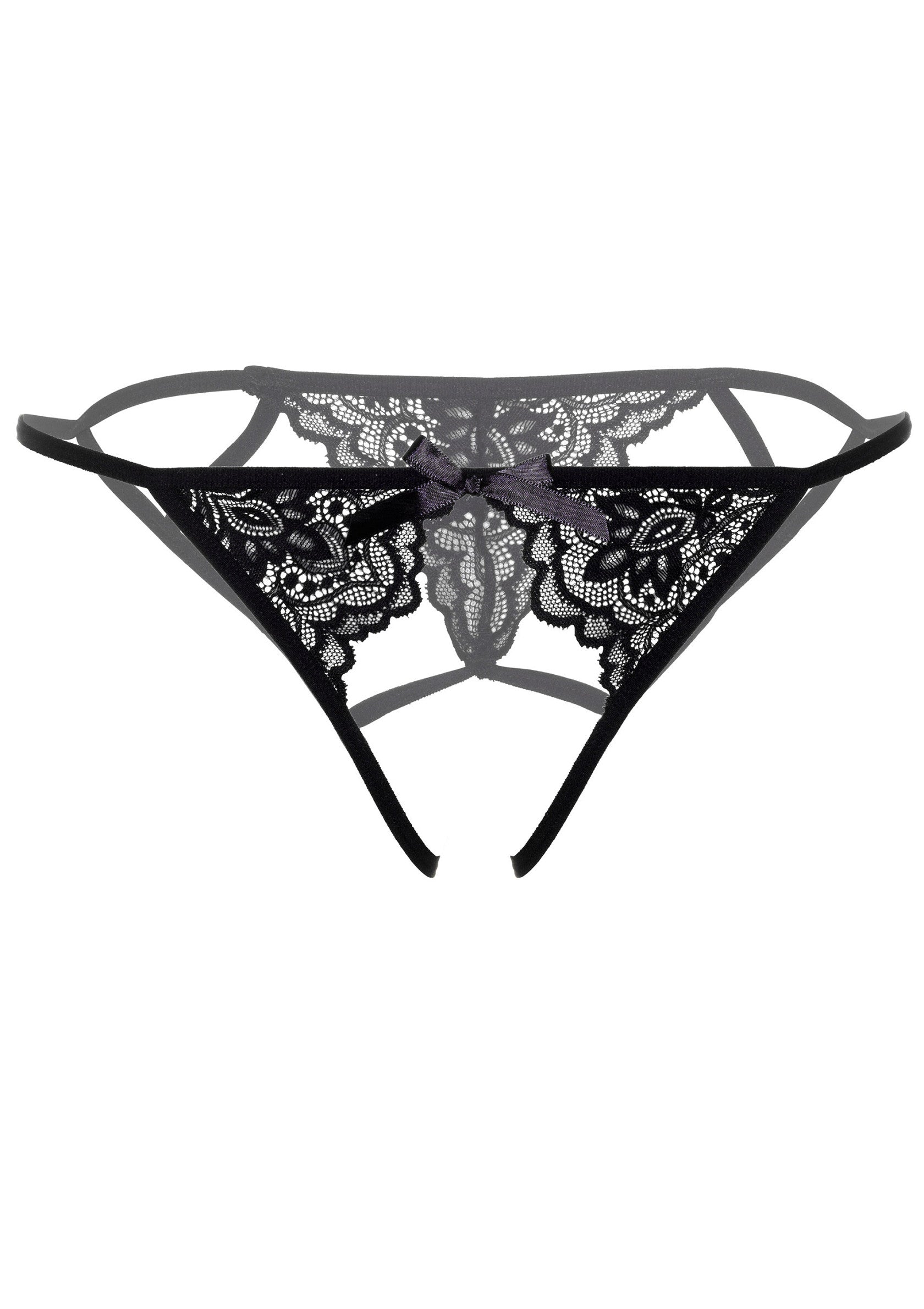 String ouvert en dentelle noire avec un petit nœud décoratif. Lingerie féminine et séduisante pour une occasion spéciale.; Zwarte open string van kant met een kleine decoratieve strik. Vrouwelijke en verleidelijke lingerie voor een speciale gelegenheid.; Black lace open string with a small decorative bow. Feminine and seductive lingerie for a special occasion.