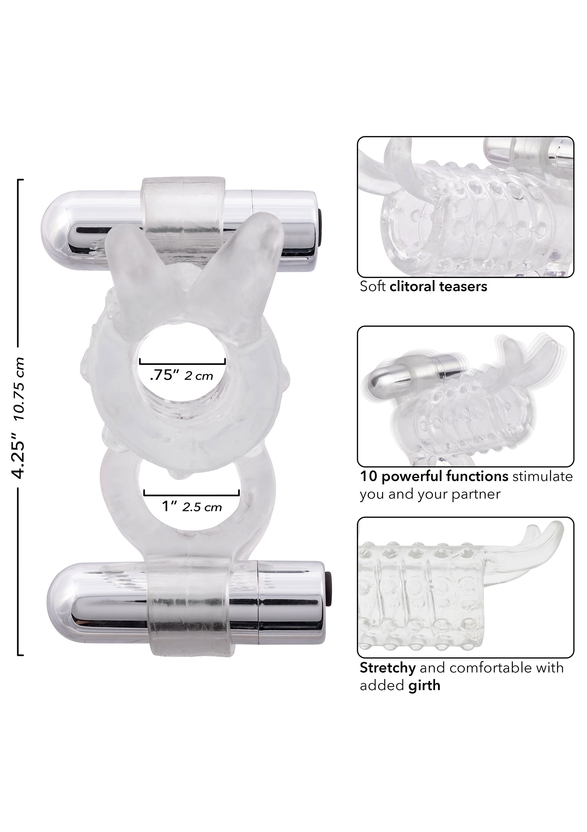 Anneau pénien vibrant avec stimulateur clitoridien pour des sensations intenses et partagées. Confortable et extensible.; Vibrerende penisring met clitorisstimulator voor intense, gedeelde sensaties. Comfortabel en rekbaar.; Vibrating cock ring with clitoral stimulator for intense, shared sensations. Stretchy & comfortable fit.