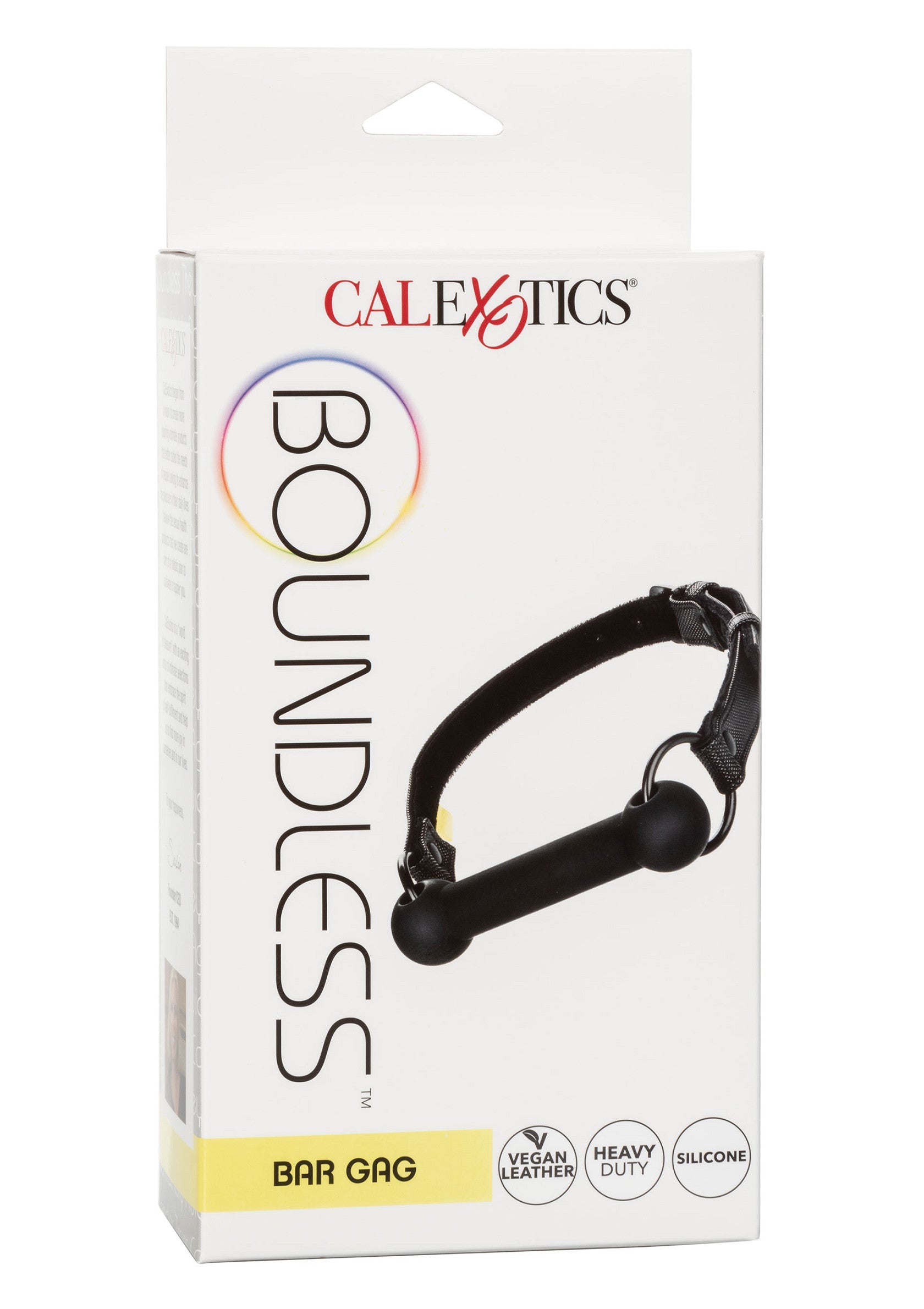Gag à barre Calexotics Boundless, en cuir végétal et silicone pour un jeu BDSM intense et sécurisé.; Calexotics Boundless bar gag, gemaakt van veganistisch leer en siliconen voor intens en veilig BDSM-spel.; Calexotics Boundless bar gag, made with vegan leather and silicone for intense and safe BDSM play.