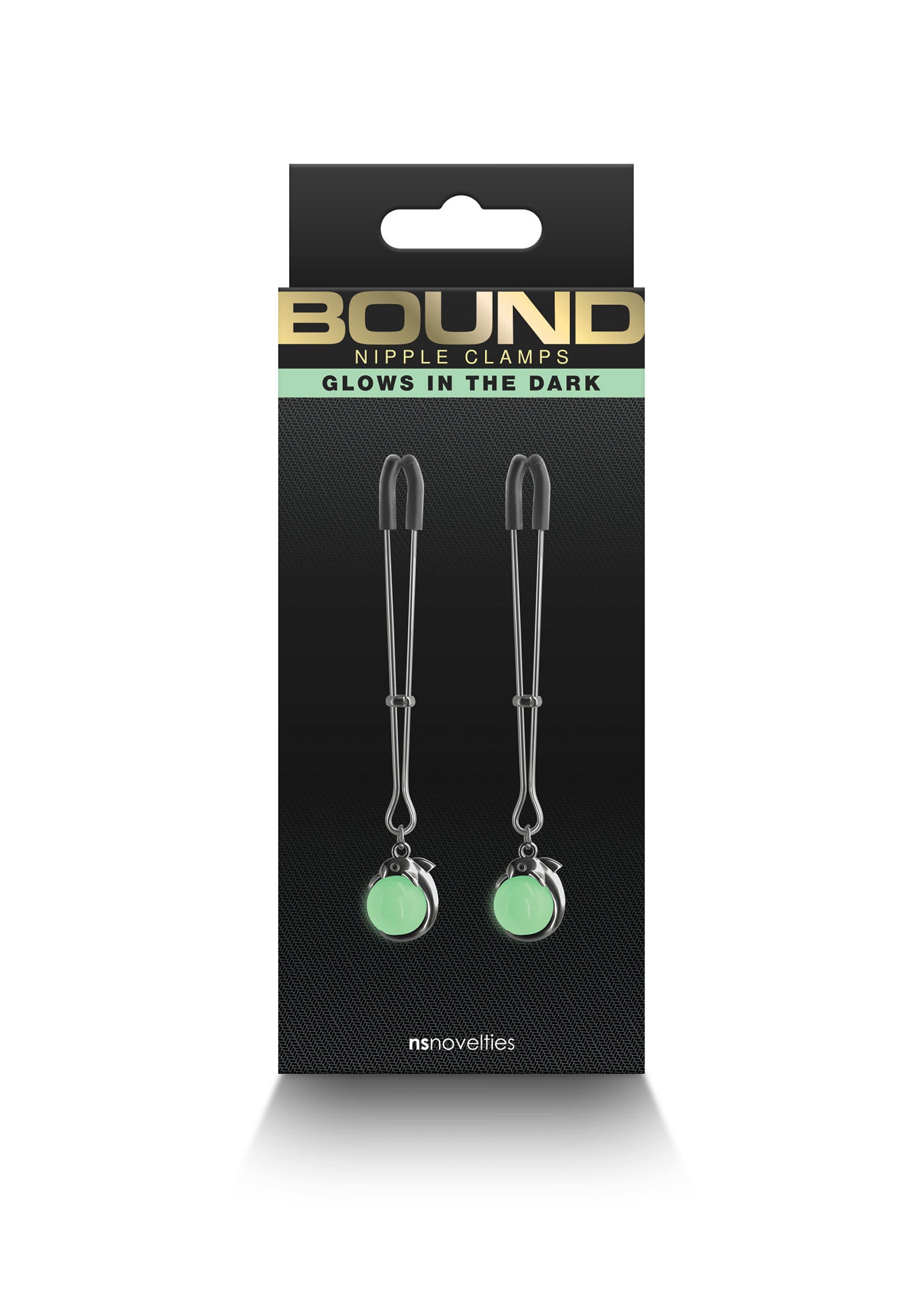 Pinces à tétons BOUND phosphorescentes. Pour des sensations fortes même dans le noir!; BOUND tepelklemmen die oplichten in het donker. Voor intense sensaties, zelfs in het donker!; BOUND nipple clamps that glow in the dark. For intense sensations, even in the dark!