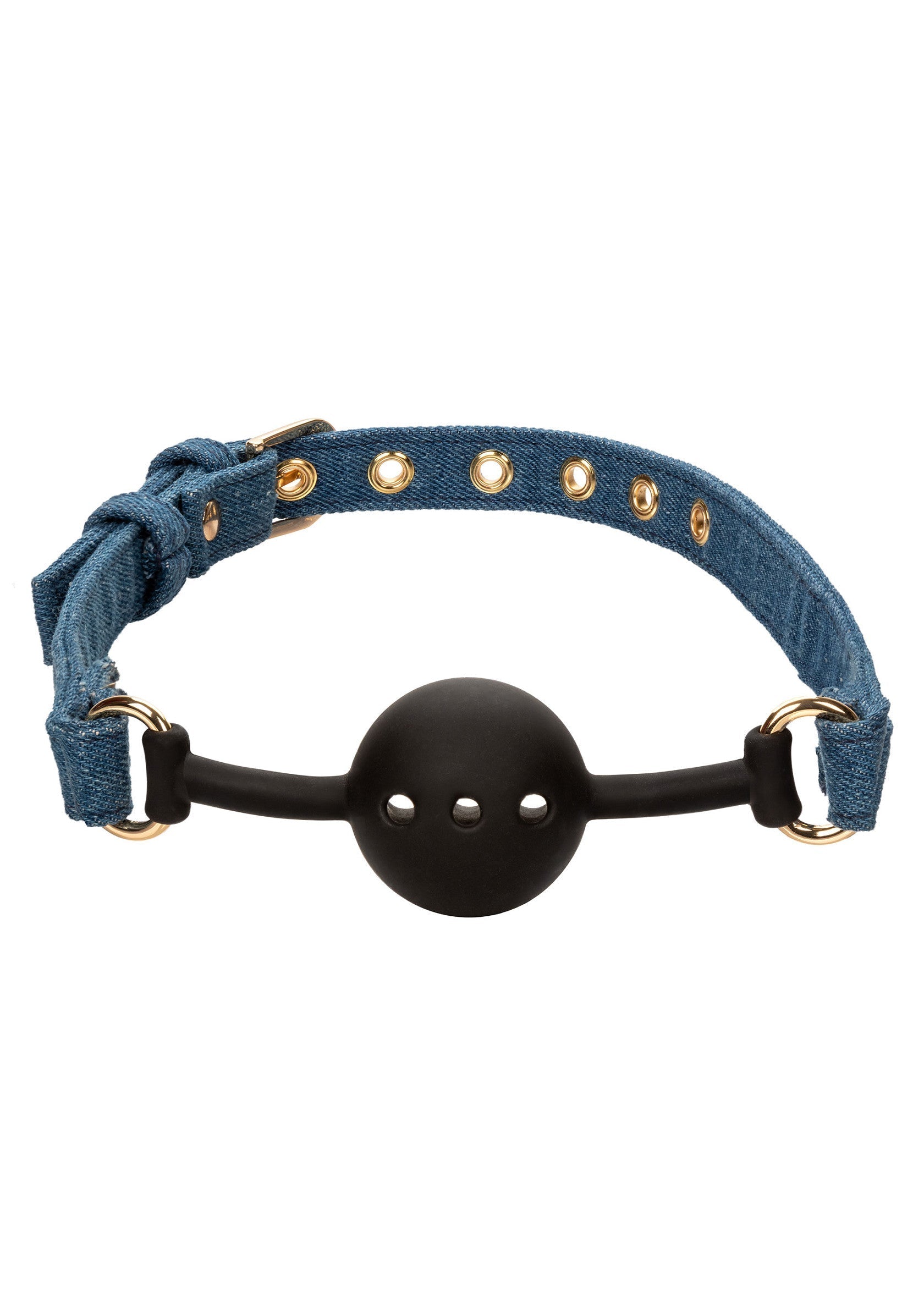 Bâillon à boule avec une sangle en jean.; Bal knevel met een jeans band.; Ball gag with a denim strap.