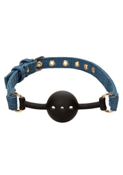 Bâillon à boule avec une sangle en jean.; Bal knevel met een jeans band.; Ball gag with a denim strap.