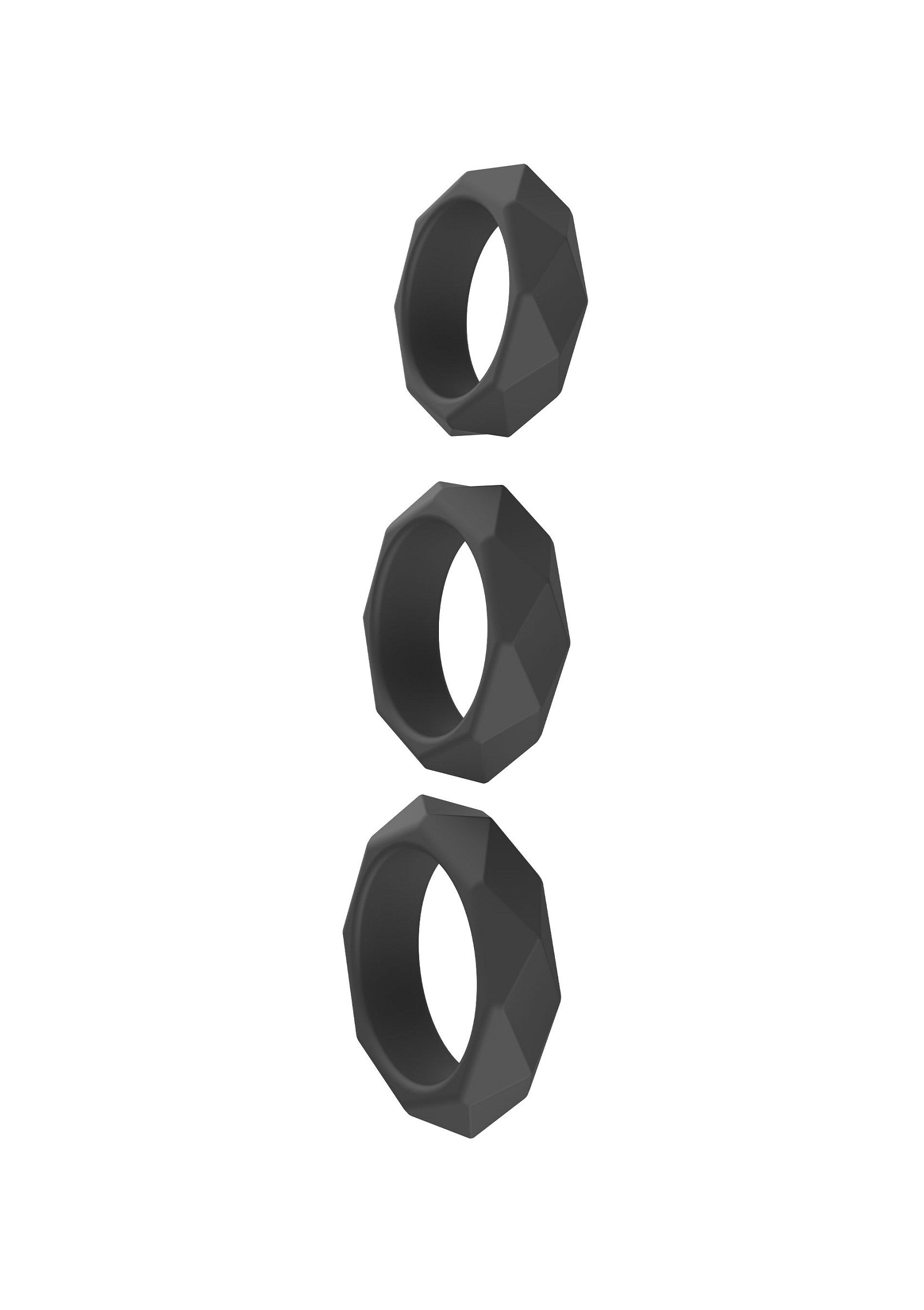 Trois anneaux géométriques noirs. Bagues en silicone pour un style moderne et confortable.; Drie zwarte geometrische ringen. Siliconen ringen voor een moderne en comfortabele stijl.; Three black geometric rings. Silicone bands for a modern and comfortable style.