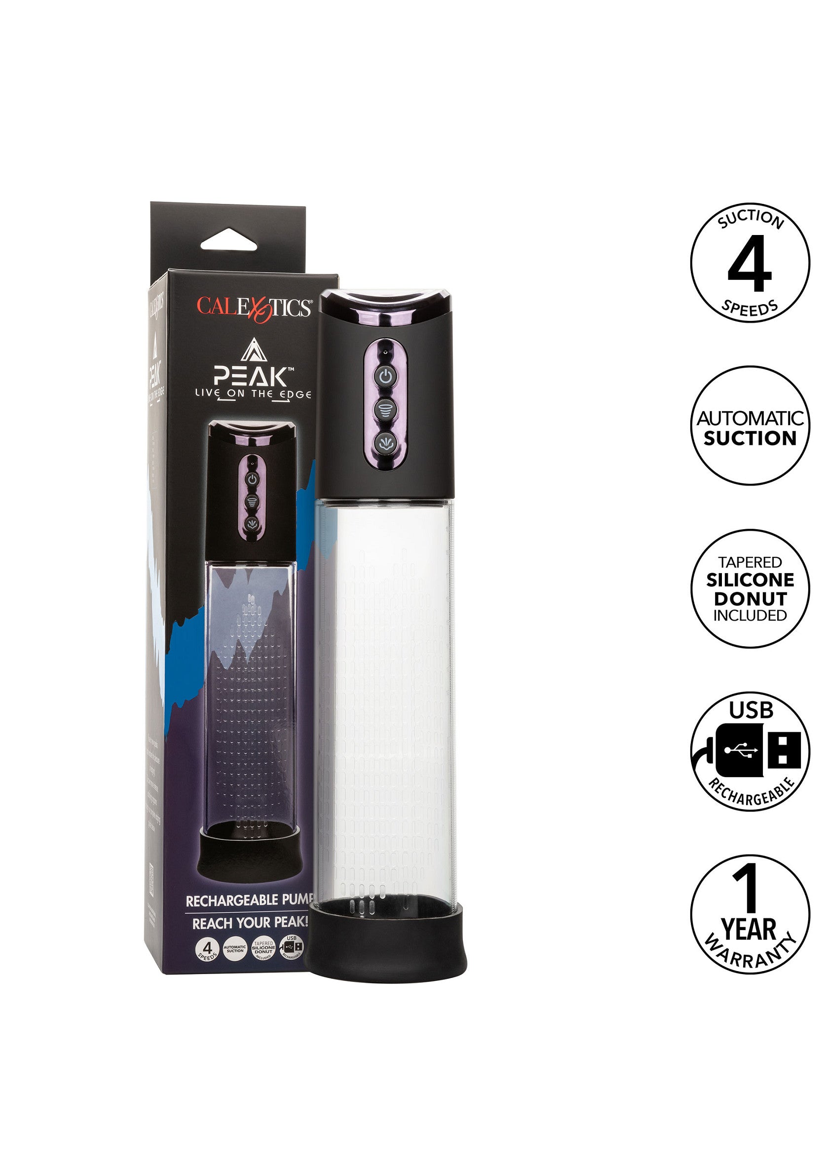 Pompe à pénis Calexotics Peak avec 4 vitesses d'aspiration, rechargeable USB et garantie 1 an.; Calexotics Peak penis pomp met 4 zuigsnelheden, USB oplaadbaar en 1 jaar garantie.; Calexotics Peak penis pump featuring 4 speeds of suction, USB rechargeable, and a 1-year warranty.