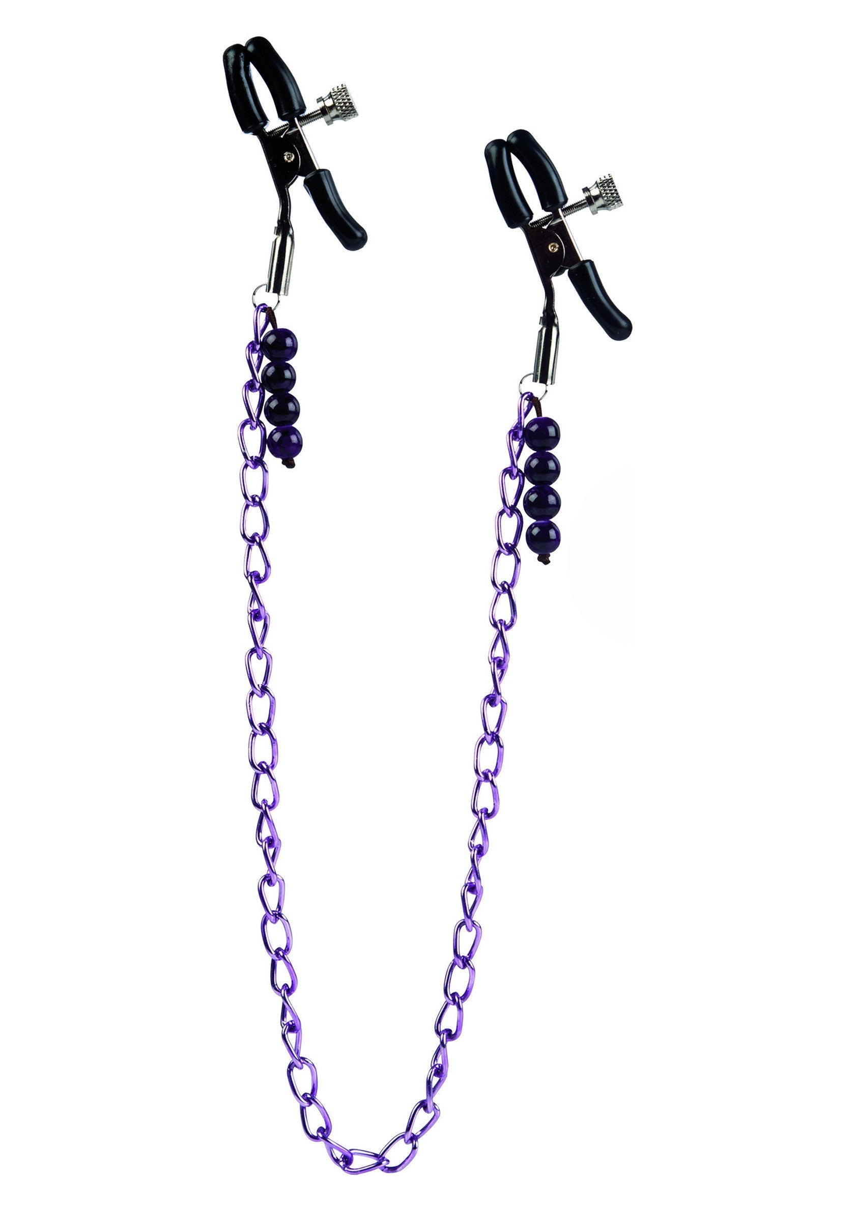 Pinces à tétons décoratives avec chaîne violette et perles noires.; Decoratieve tepelklemmen met paarse ketting en zwarte kralen.; Decorative nipple clamps with purple chain and black beads.