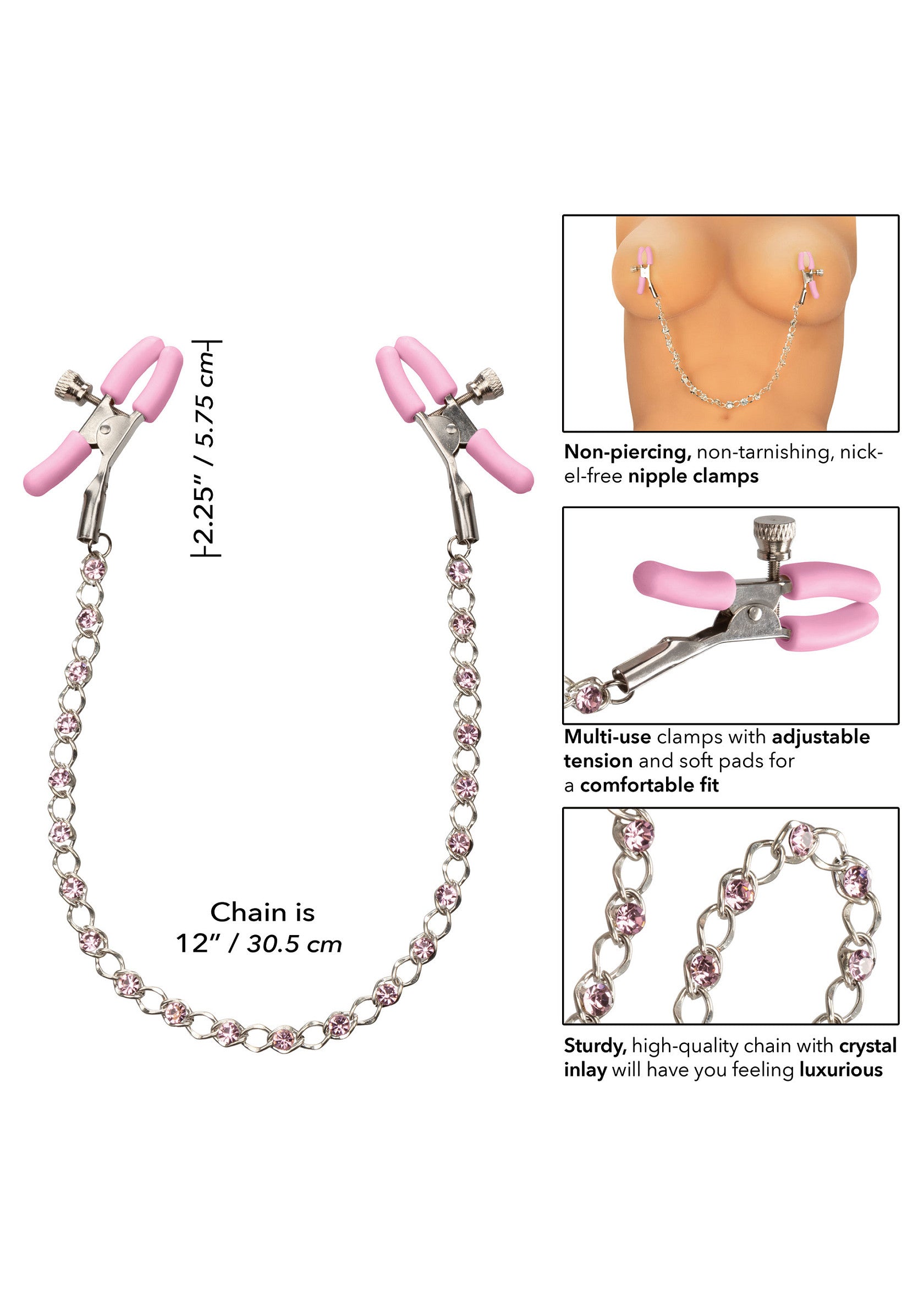 Pinces à tétons non perçantes avec chaîne en cristal. Intensité réglable et doux pour plus de confort.; Niet-piercing tepelklemmen met kristallen ketting. Verstelbare intensiteit en zacht voor comfort.; Non-piercing nipple clamps with crystal chain. Adjustable intensity & soft for comfort.