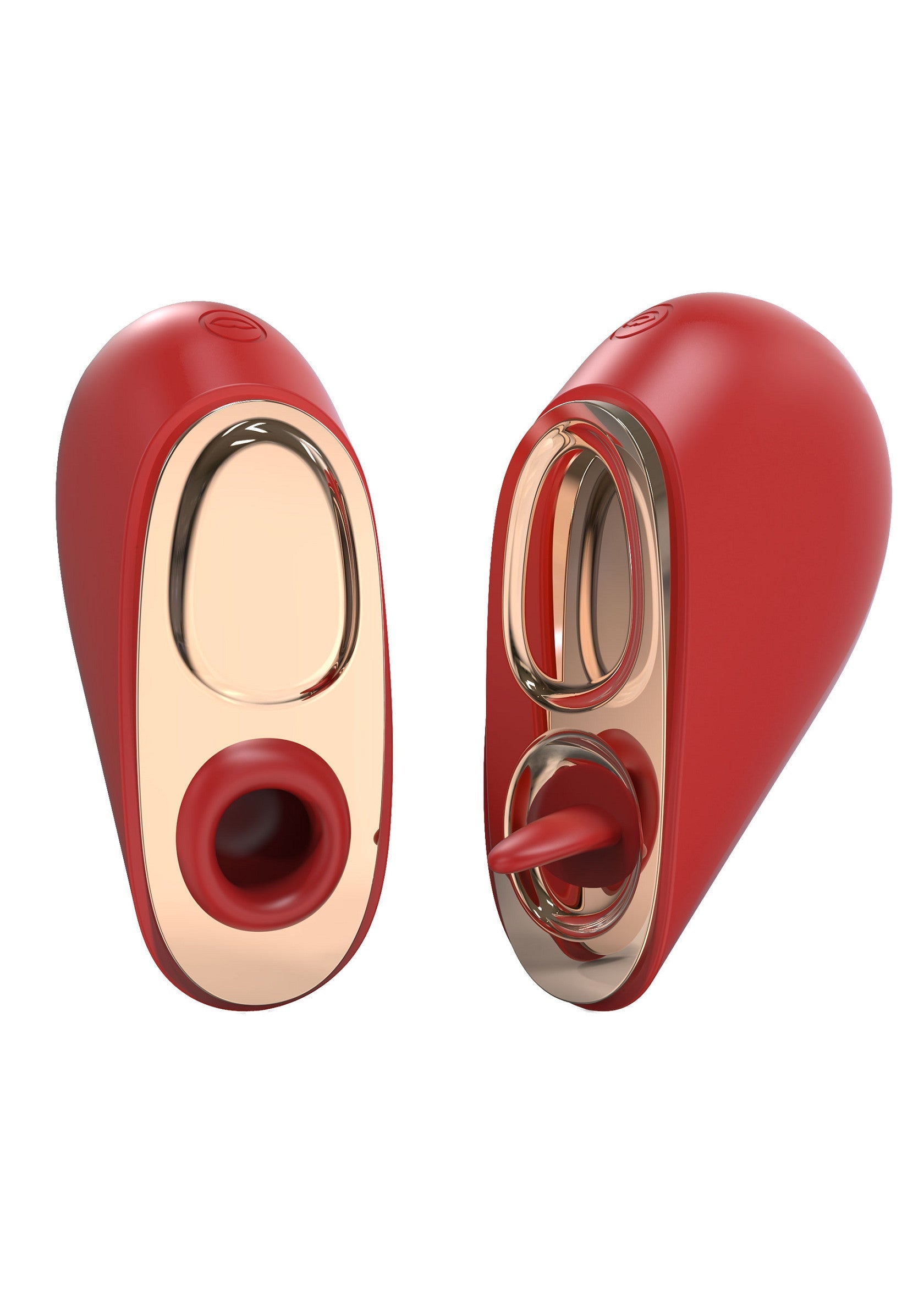 Jouet de stimulation rouge avec accents dorés pour le plaisir intime.; Rood stimulatiespeeltje met gouden accenten voor intiem plezier.; Red stimulation toy with gold accents for intimate pleasure.