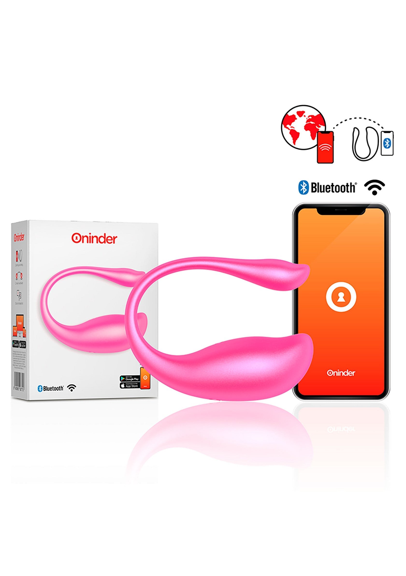 Vibromasseur connecté Oninder rose avec contrôle via application mobile Bluetooth.; Roze Oninder verbonden vibrator met bediening via Bluetooth mobiele app.; Pink Oninder connected vibrator with control via Bluetooth mobile app.