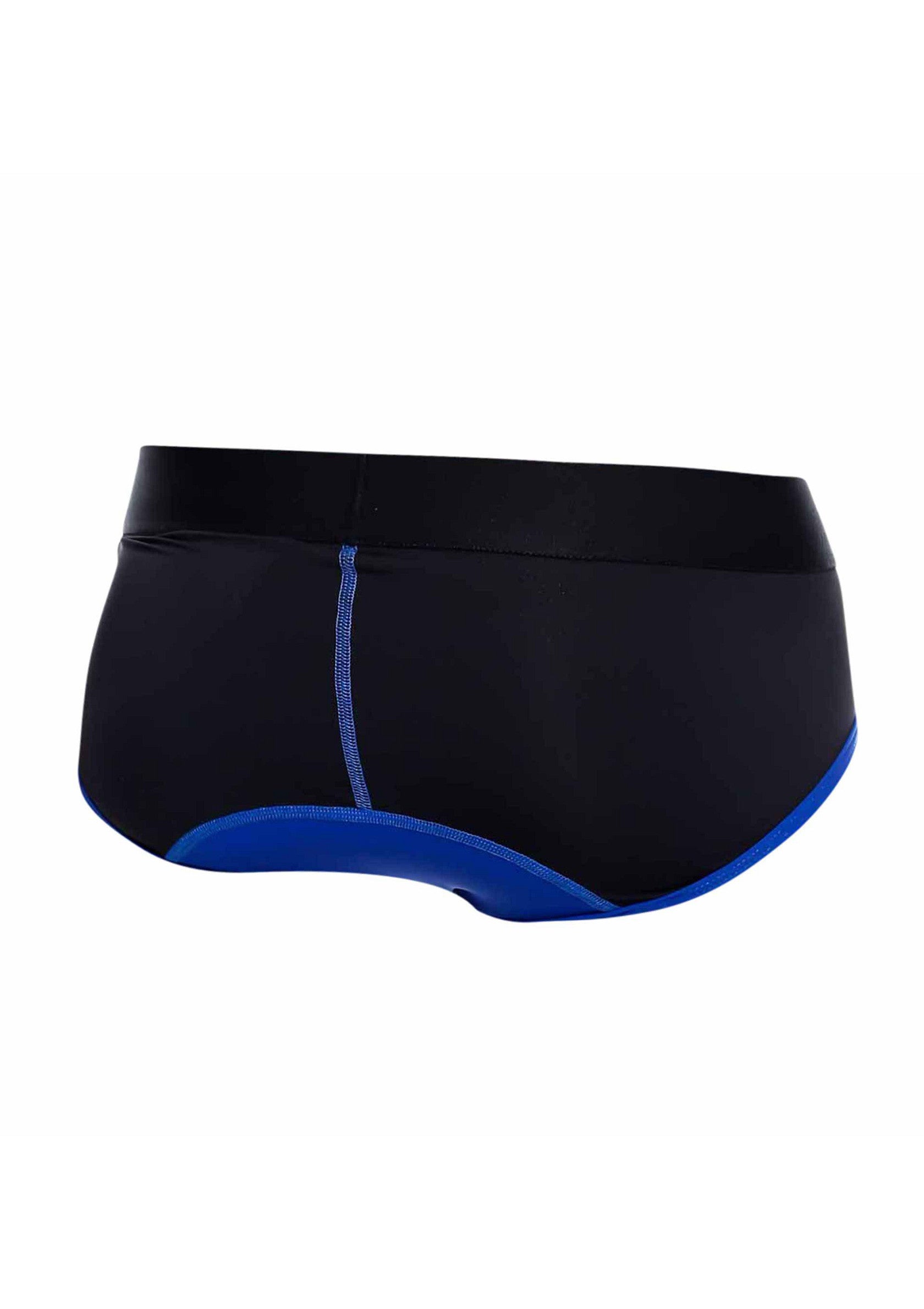 Slip de bain homme noir et bleu pour la natation et la plage.; Zwart-blauwe heren zwemslip voor zwemmen en strand.; Black and blue men's swim briefs for swimming and beach.