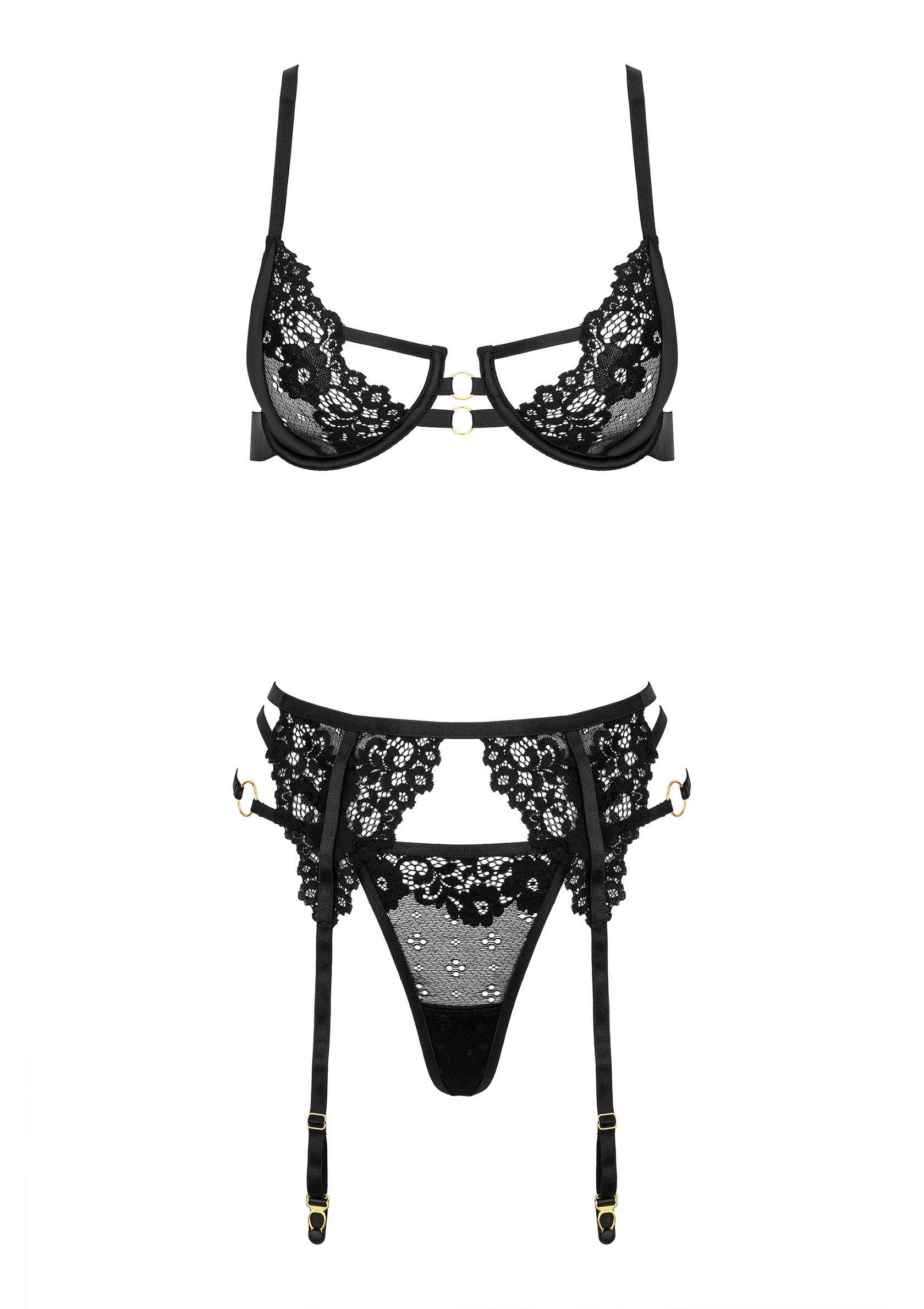 Ensemble de lingerie noire en dentelle florale avec soutien-gorge ouvert et porte-jarretelles; Zwarte lingerie set van bloemenkant met open beha en jarretelgordel; Black floral lace lingerie set with open cup bra and garter belt
