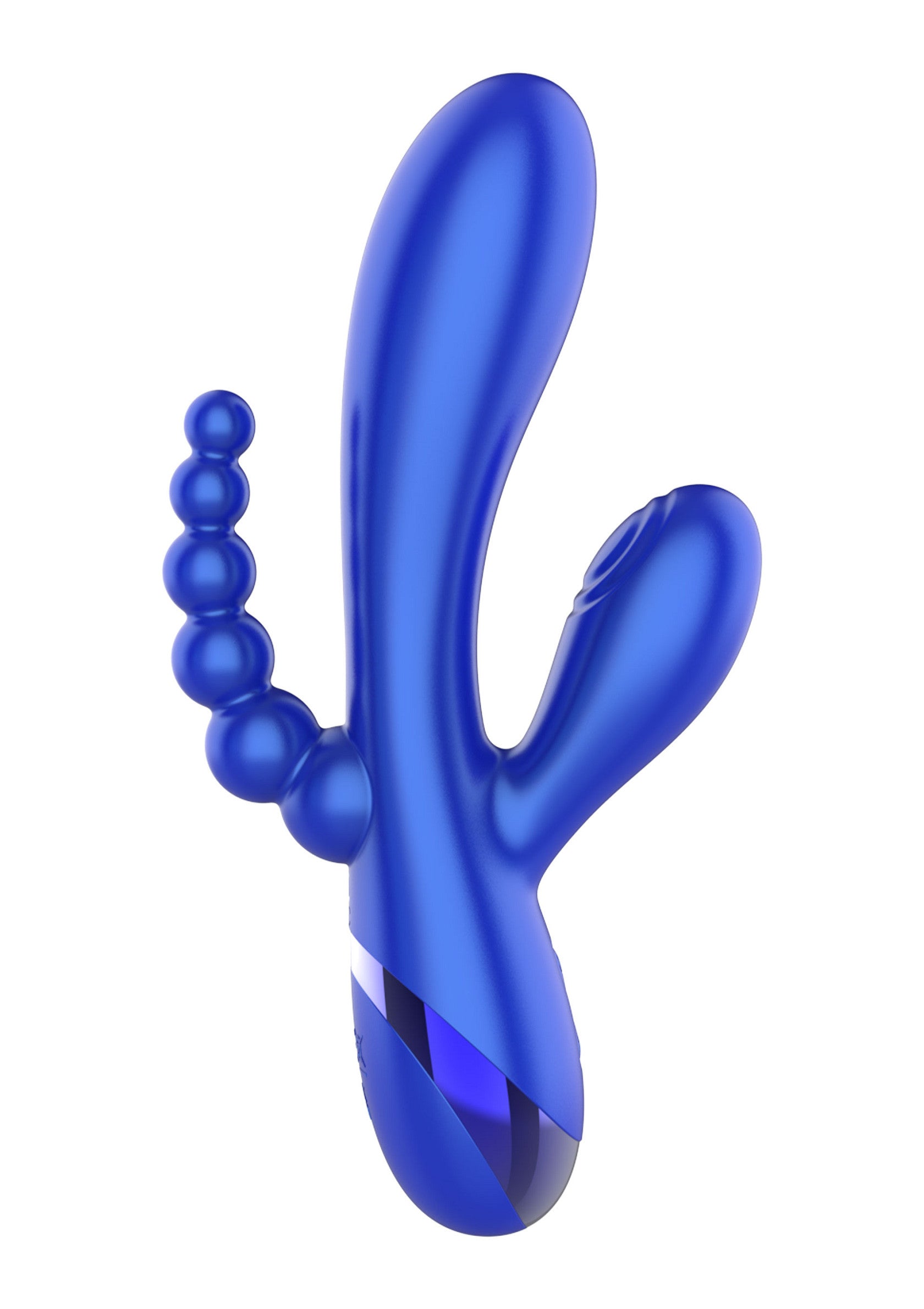 Vibromasseur vibrant bleu avec perles pour le plaisir féminin.; Blauwe vibrerende vibrator met balletjes voor vrouwelijk genot.; Blue vibrating vibrator with beads for female pleasure.