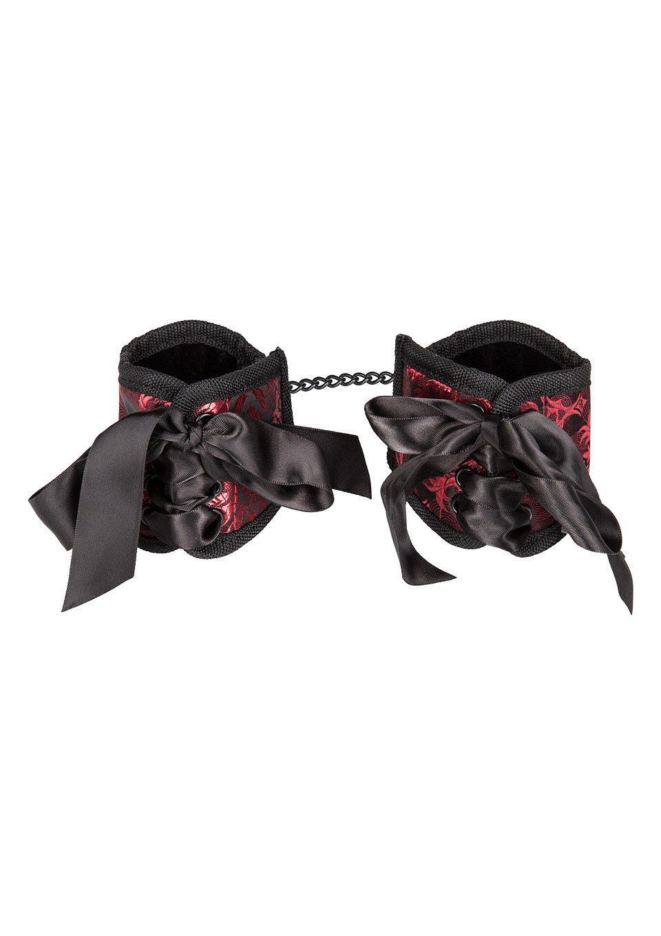 Menottes de poignet en satin noir et rouge pour jeux coquins. Accessoires de lingerie érotique pour adultes.; Zwarte en rode satijnen polsboeien voor ondeugende spelletjes. Erotische lingerie accessoires voor volwassenen.; Black and red satin wrist cuffs for naughty games. Erotic lingerie adult accessory.