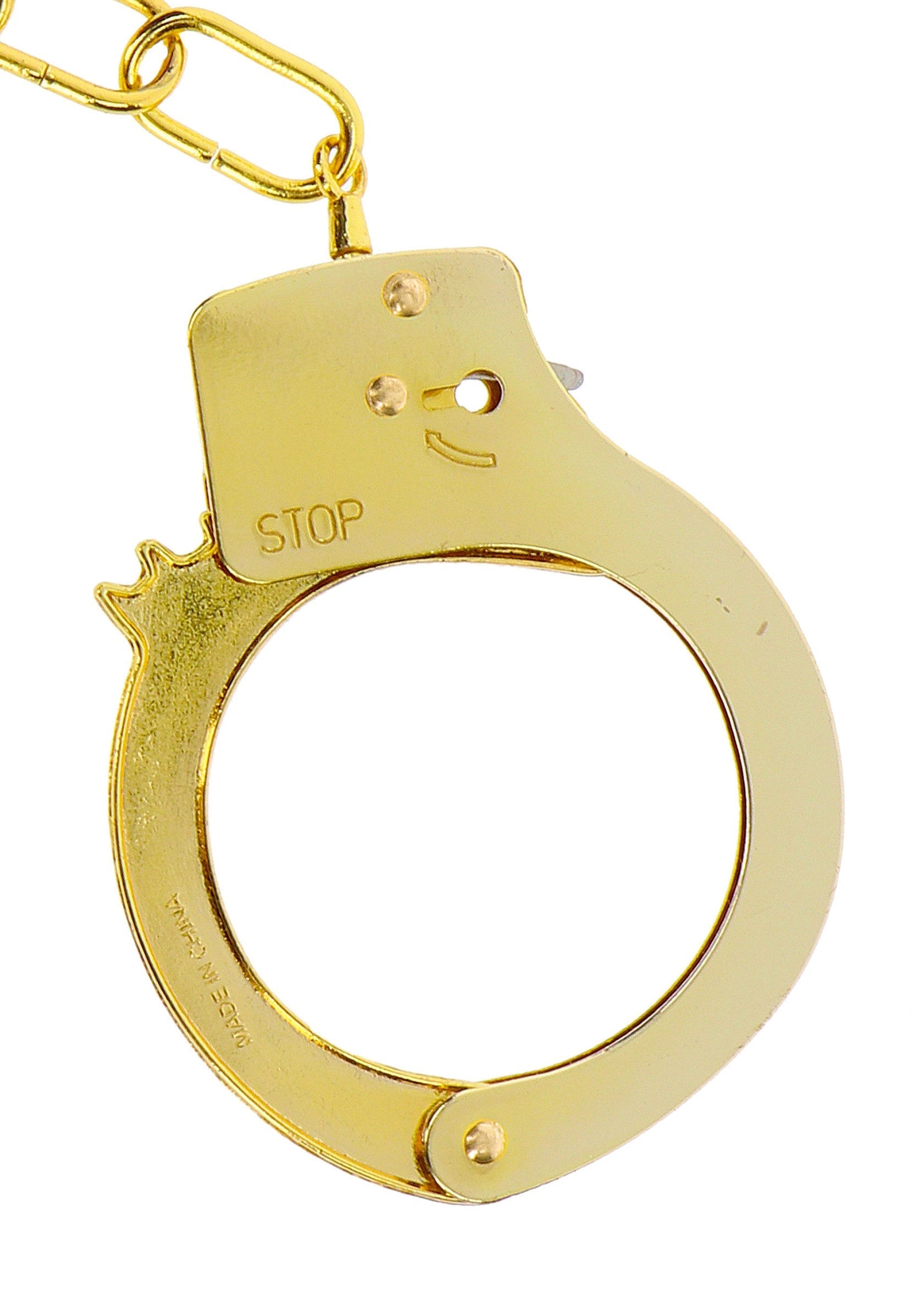 Menottes dorées pour se déguiser et jouer à la police et aux voleurs. Accessoire de déguisement amusant pour les fêtes costumées.; Gouden handboeien voor verkleedpartijen en politie en boef spellen. Leuk verkleedaccessoire voor themafeesten.; Gold handcuffs for dress-up & police and thief games. Fun costume accessory for themed parties. Novelty toy handcuffs.