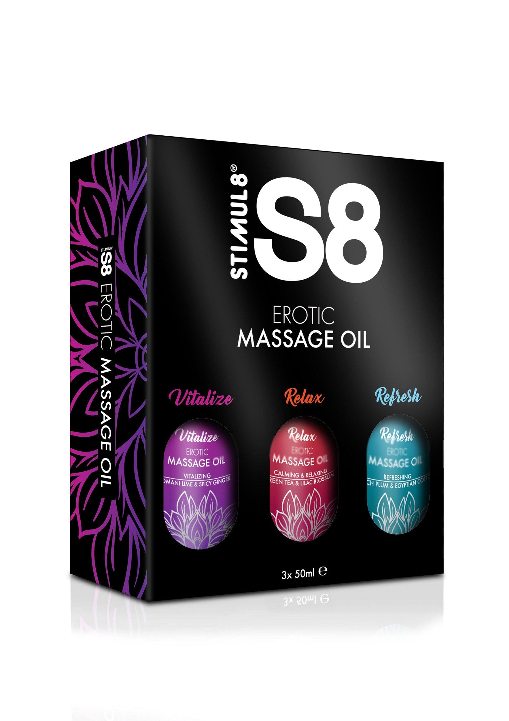 Huiles de massage érotiques S8 Stimul8 : revitalisez, détendez et rafraîchissez votre corps. Coffret cadeau de 3 huiles.; S8 Stimul8 erotische massageoliën: revitaliseer, ontspan en verfris je lichaam. Cadeauset met 3 oliën.; S8 Stimul8 erotic massage oils: Vitalize, Relax and Refresh your body. Gift set with 3 oils.
