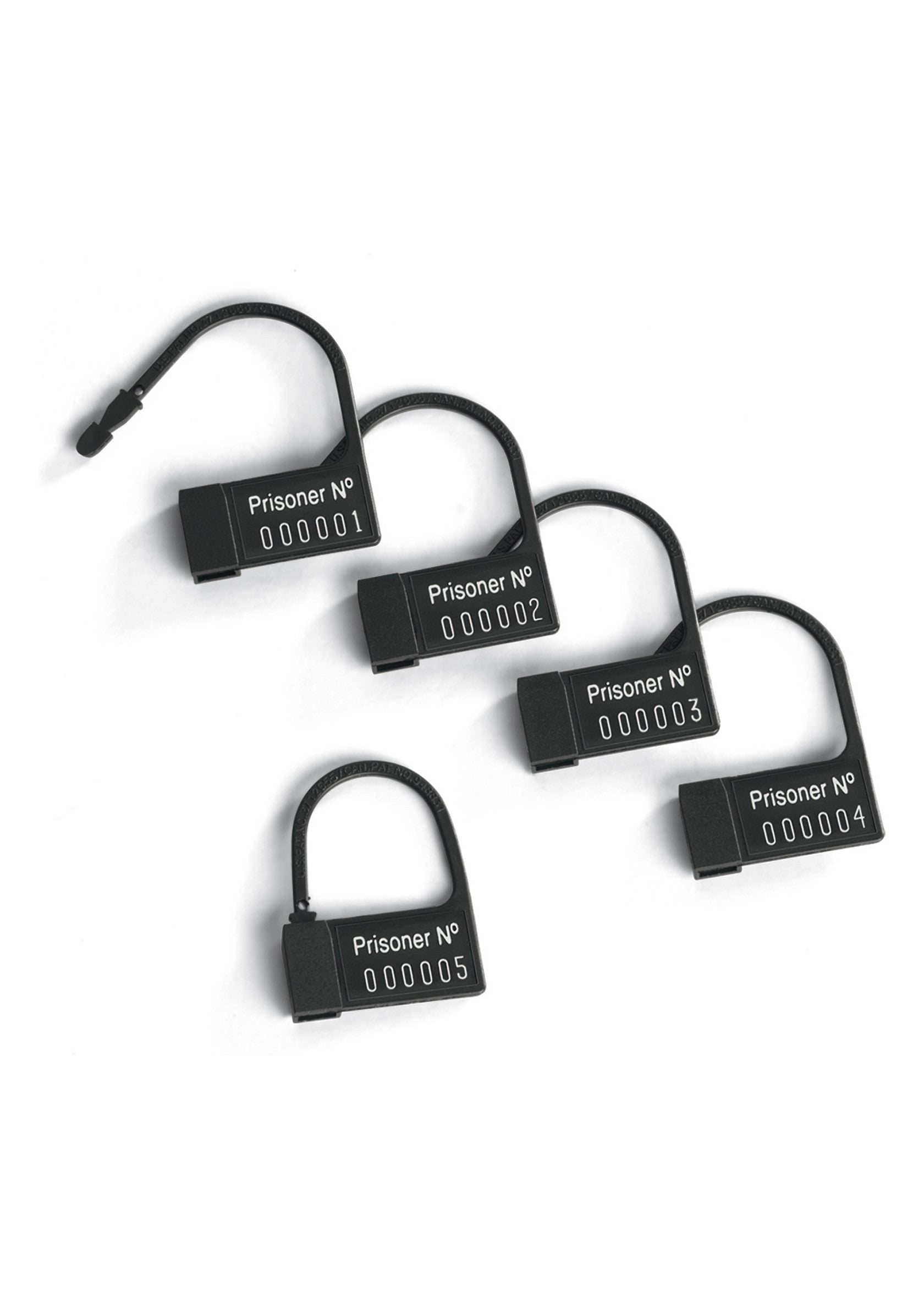 Ensemble de cinq scellés de sécurité numérotés, idéaux pour sécuriser vos biens. Numéros de 000001 à 000005.; Set van vijf genummerde veiligheidszegels, ideaal voor het beveiligen van uw goederen. Nummers 000001 tot 000005.; Set of five numbered security seals, perfect for securing your goods. Numbers 000001 to 000005.