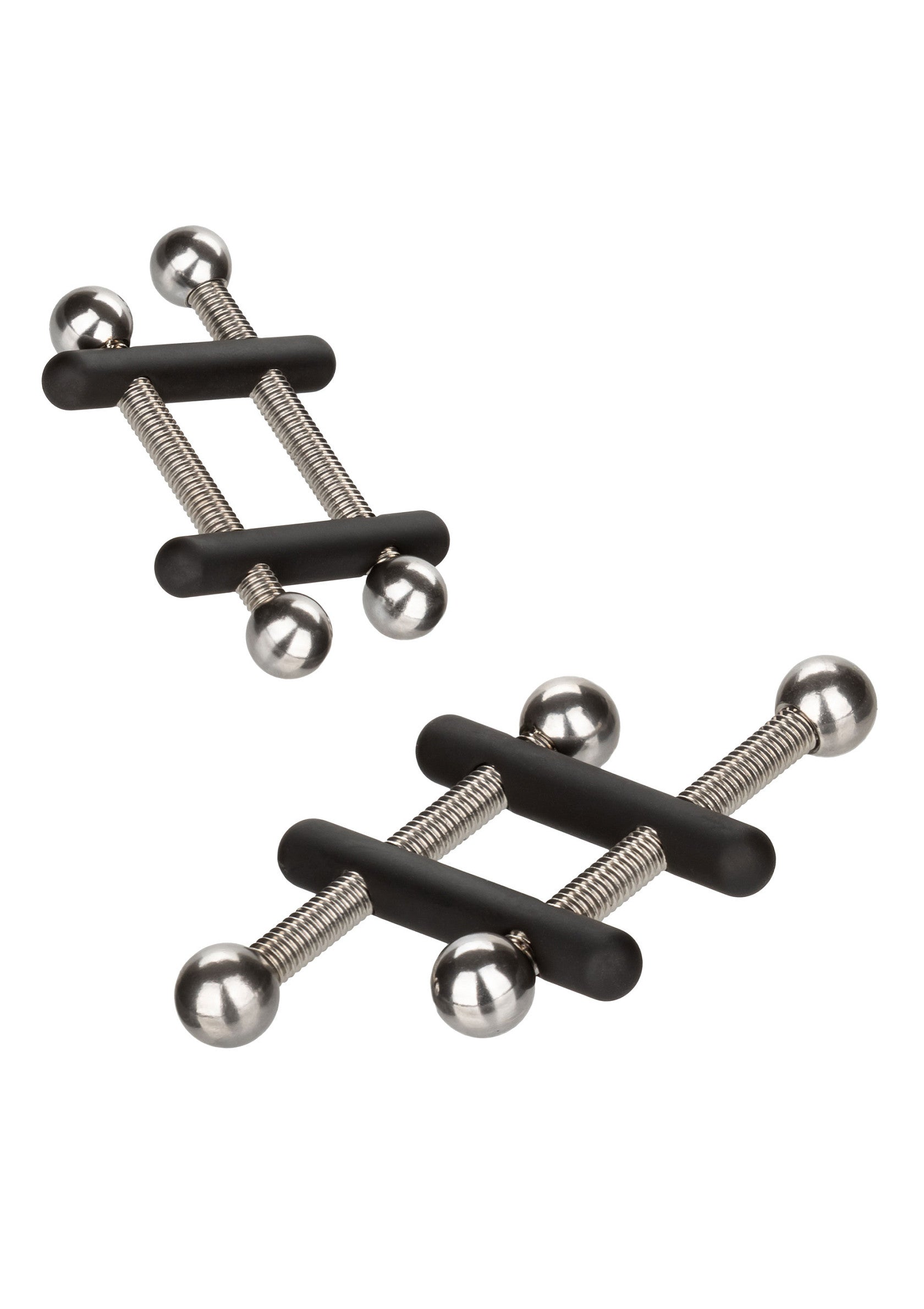 Pinces à tétons réglables avec boules en acier inoxydable pour un plaisir intense.; Verstelbare tepelklemmen met roestvrijstalen ballen voor intense stimulatie.; Adjustable nipple clamps with stainless steel balls for intense pleasure.