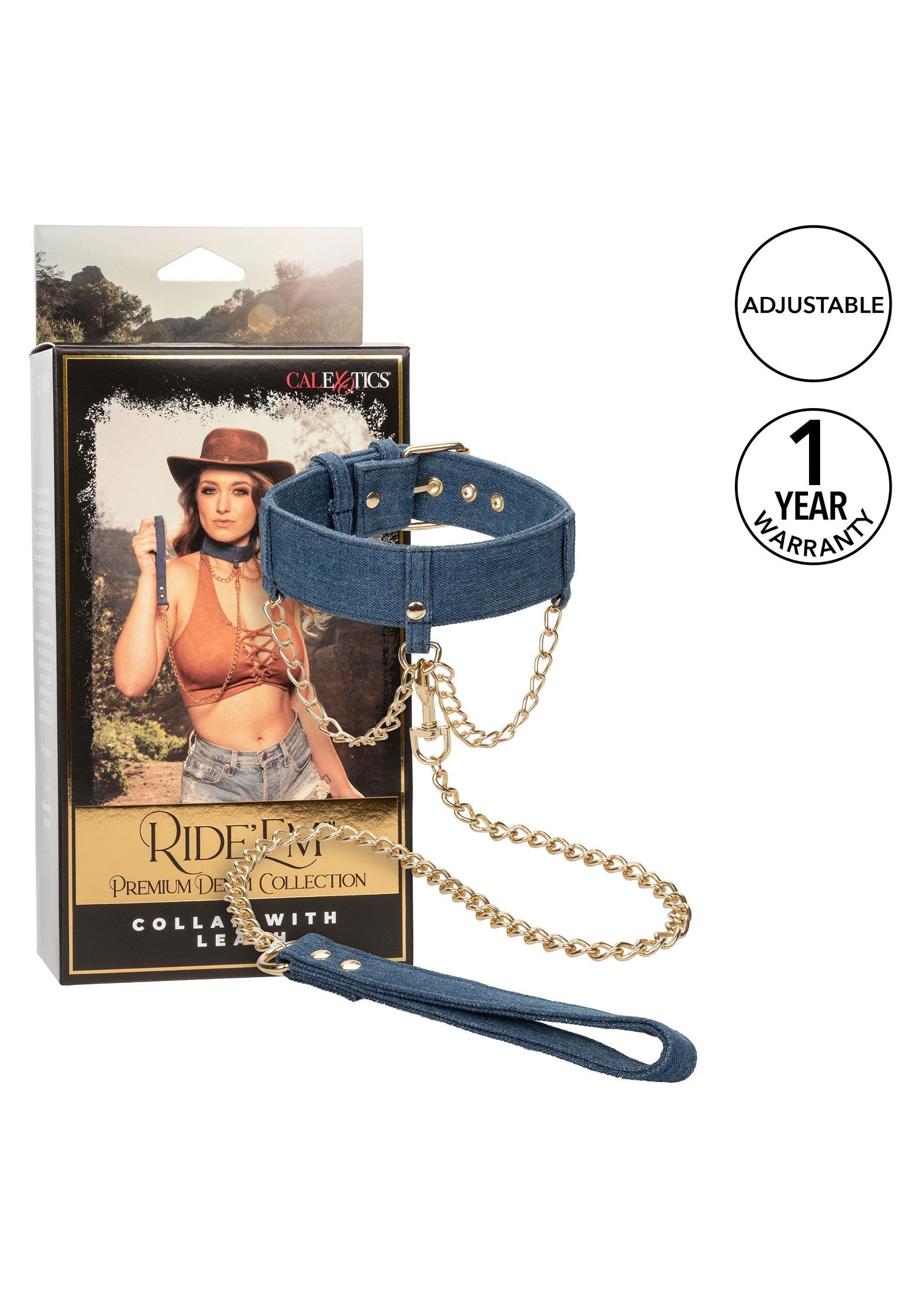 Collier en jean CalExotics Ride'Em avec chaîne. Réglable et garantie 1 an.; CalExotics Ride'Em denim halsband met ketting. Verstelbaar en 1 jaar garantie.; CalExotics Ride'Em denim collar with chain. Adjustable and 1 year warranty.