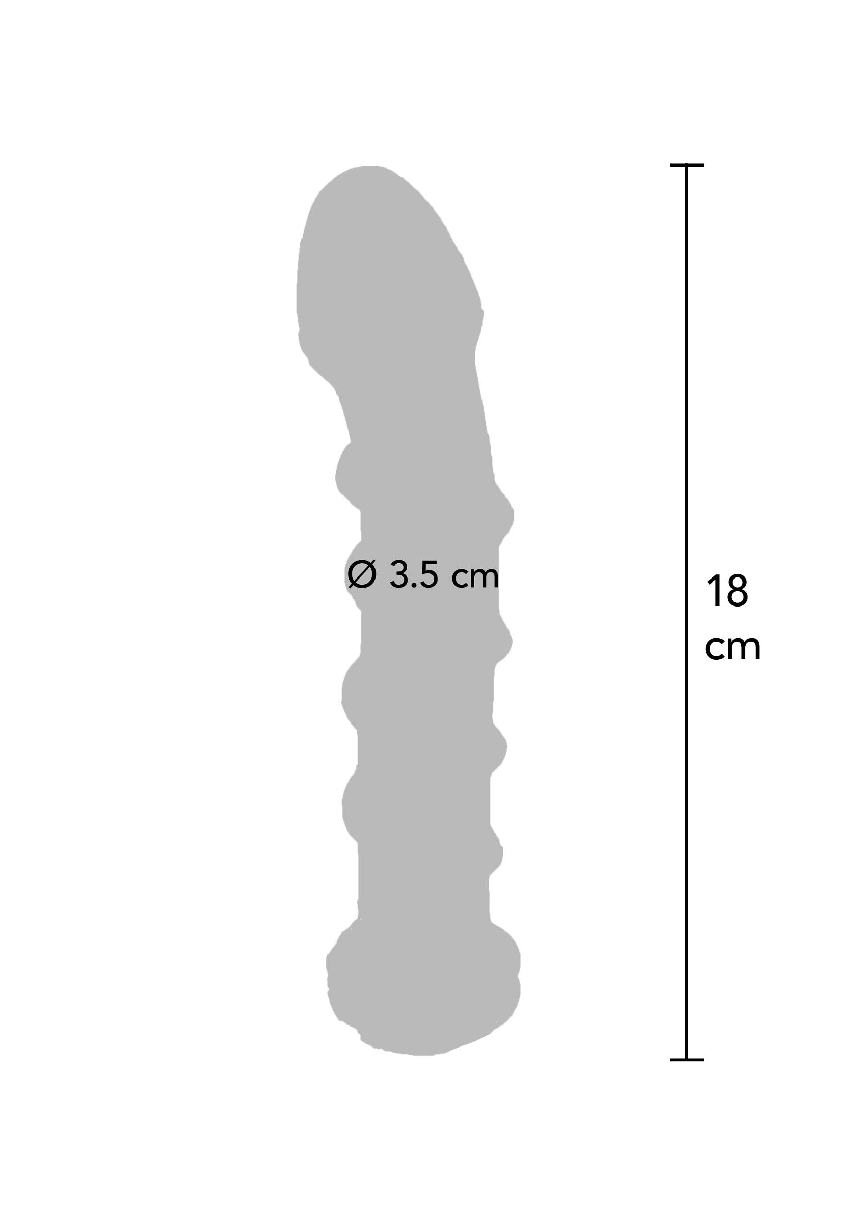 Silhouette d'un gode texturé de 18 cm avec un diamètre de 3,5 cm.; Silhouet van een getextureerde dildo van 18 cm met een diameter van 3,5 cm.; Silhouette of a 18 cm textured dildo with a diameter of 3.5 cm.