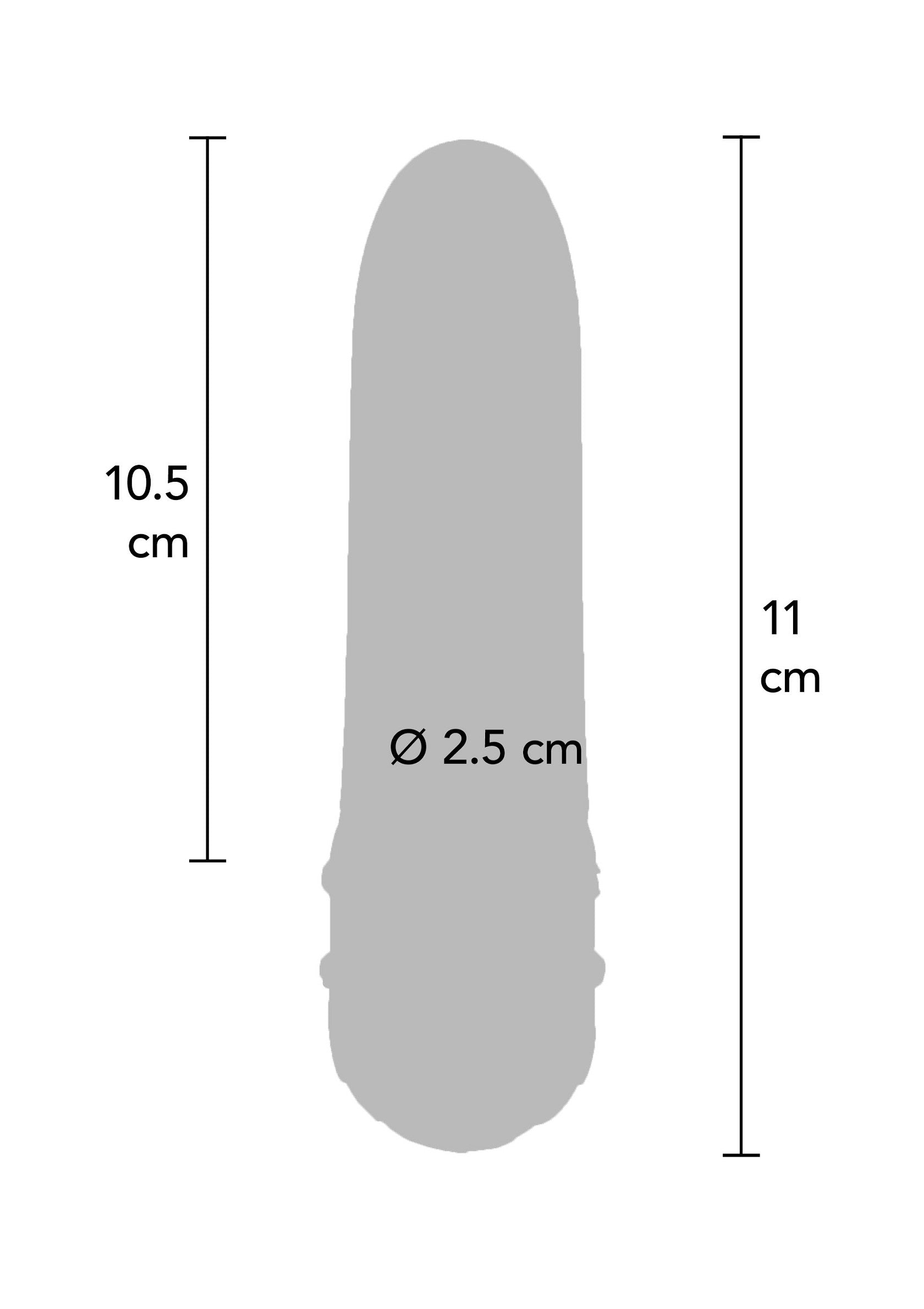 Schéma des dimensions d'un vibromasseur : longueur 10.5-11cm, diamètre 2.5cm.; Schema van de afmetingen van een vibrator: lengte 10.5-11cm, diameter 2.5cm.; Diagram of vibrator dimensions: length 10.5-11cm, diameter 2.5cm.