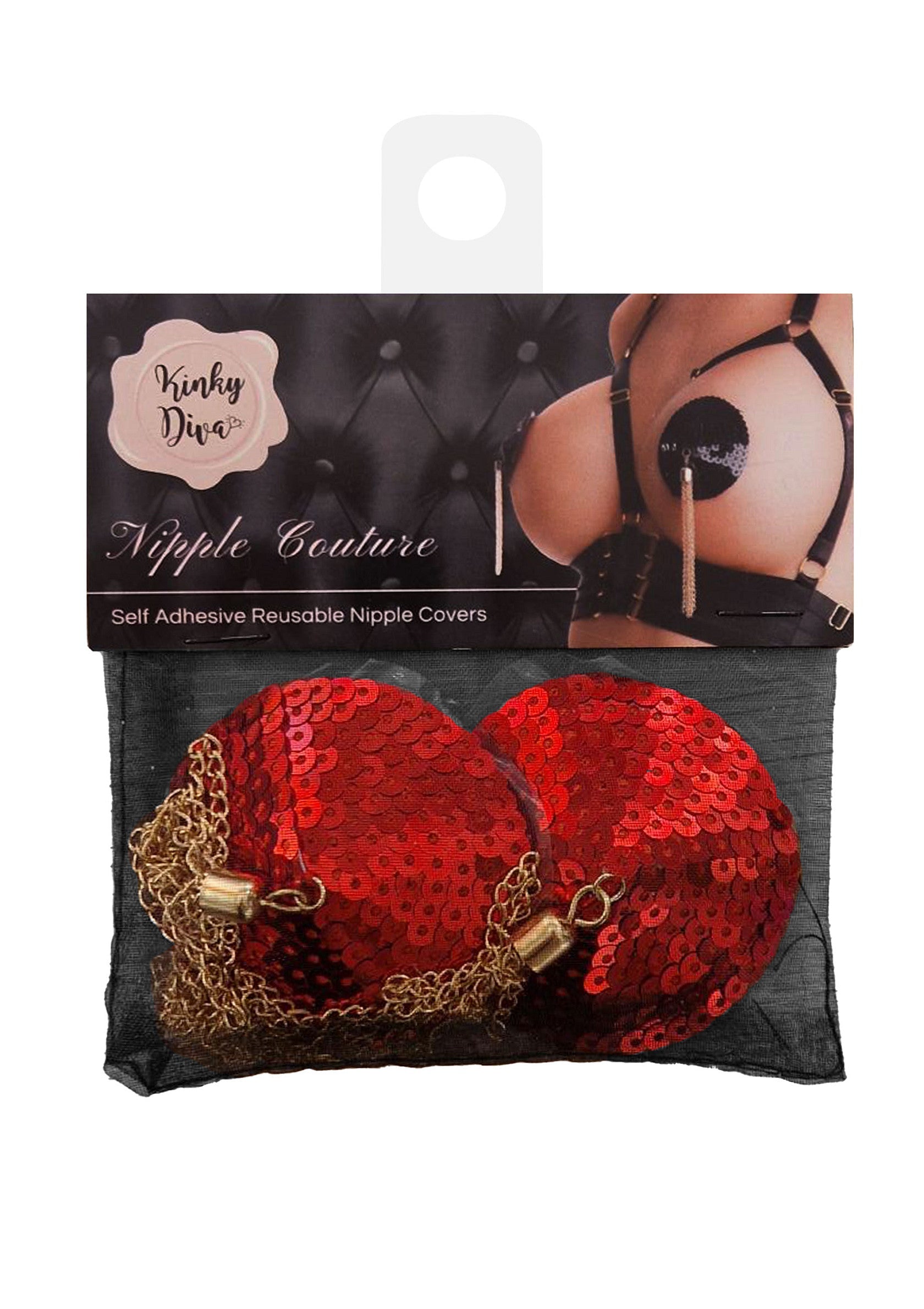 Cachètentons rouge pailletés avec chaînes dorées. Accessoire de lingerie érotique Kinky Diva. Sexy et réutilisable!; Rode pailletten tepelbedekkers met gouden kettingen. Erotische lingerie accessoire van Kinky Diva. Sexy en herbruikbaar!; Red sequin nipple covers with gold chains. Erotic lingerie accessory by Kinky Diva. Sexy and reusable!