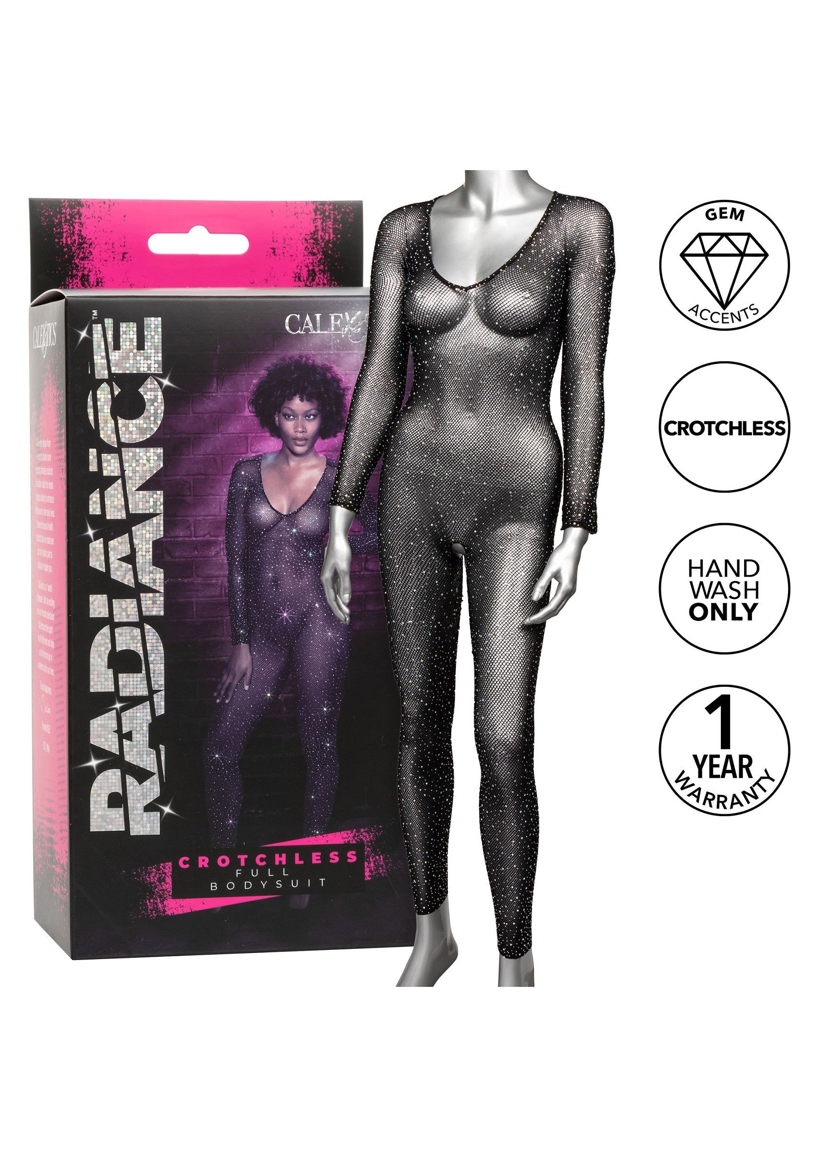 Body intégral ajouré scintillant avec accents de gemmes, coupe échancrée et garantie 1 an.; Glanzende, open kruis bodysuit met edelsteenaccenten en 1 jaar garantie. Sexy en verleidelijk!; Sheer sparkly bodysuit with gem accents, crotchless design, and 1-year warranty. Sexy lingerie!