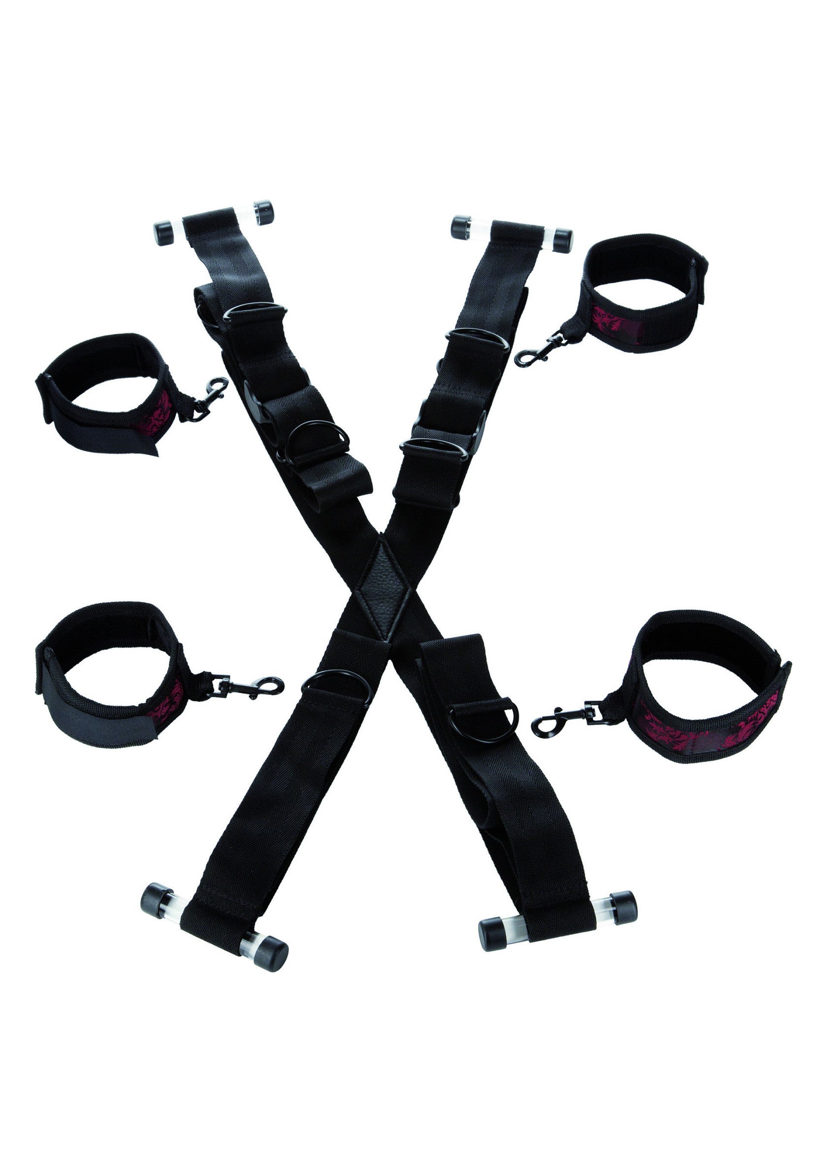 Sangles de porte réglables avec menottes aux poignets et aux chevilles pour le jeu coquin.; Verstelbare deur straps met handboeien voor polsen en enkels voor stout spel.; Adjustable door straps with wrist and ankle cuffs for naughty play.