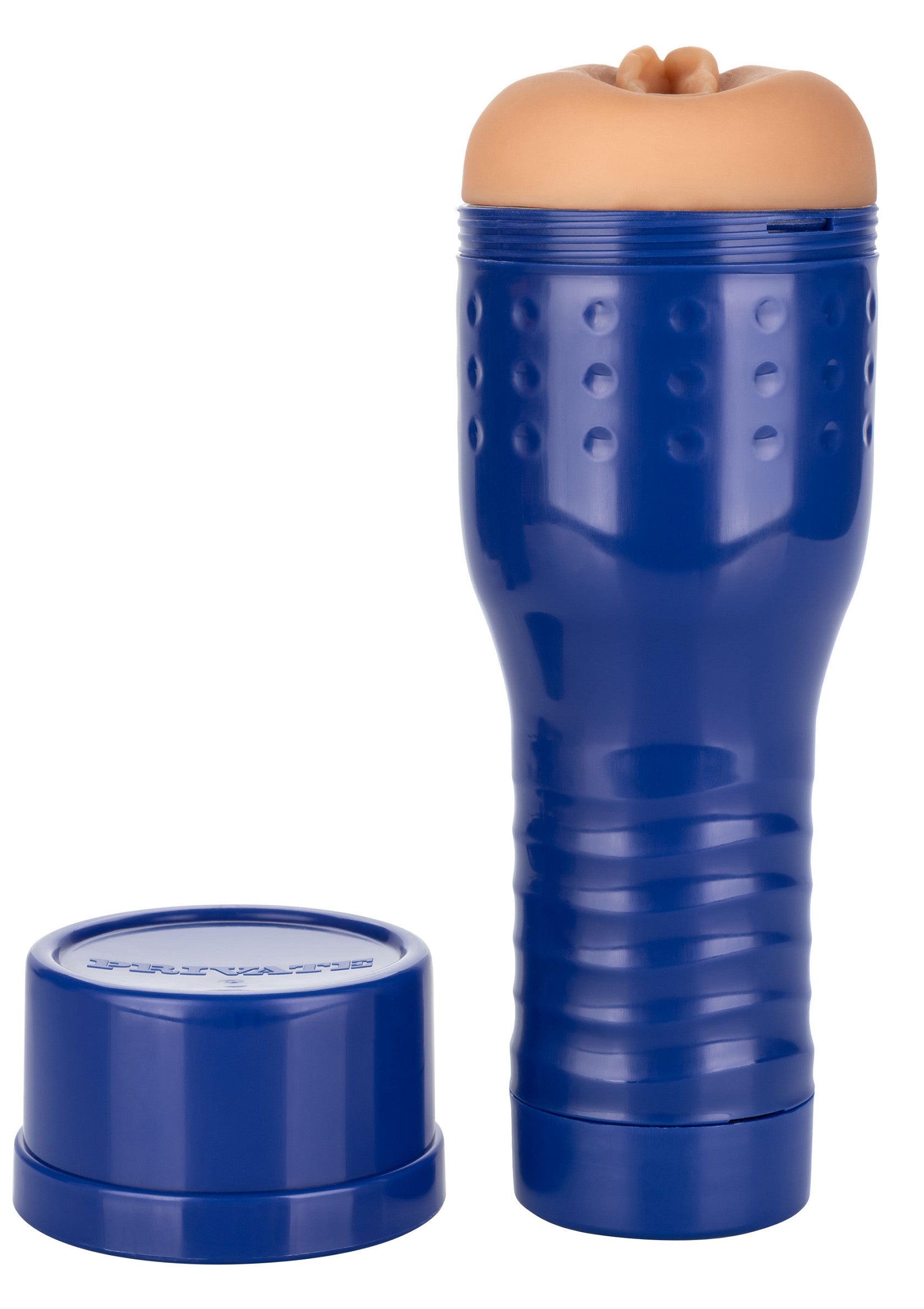 Manchon de masturbation bleu avec détails texturés et ouverture réaliste.; Blauwe masturbatie sleeve met getextureerde details en realistische opening.; Blue masturbation sleeve with textured details and realistic opening.