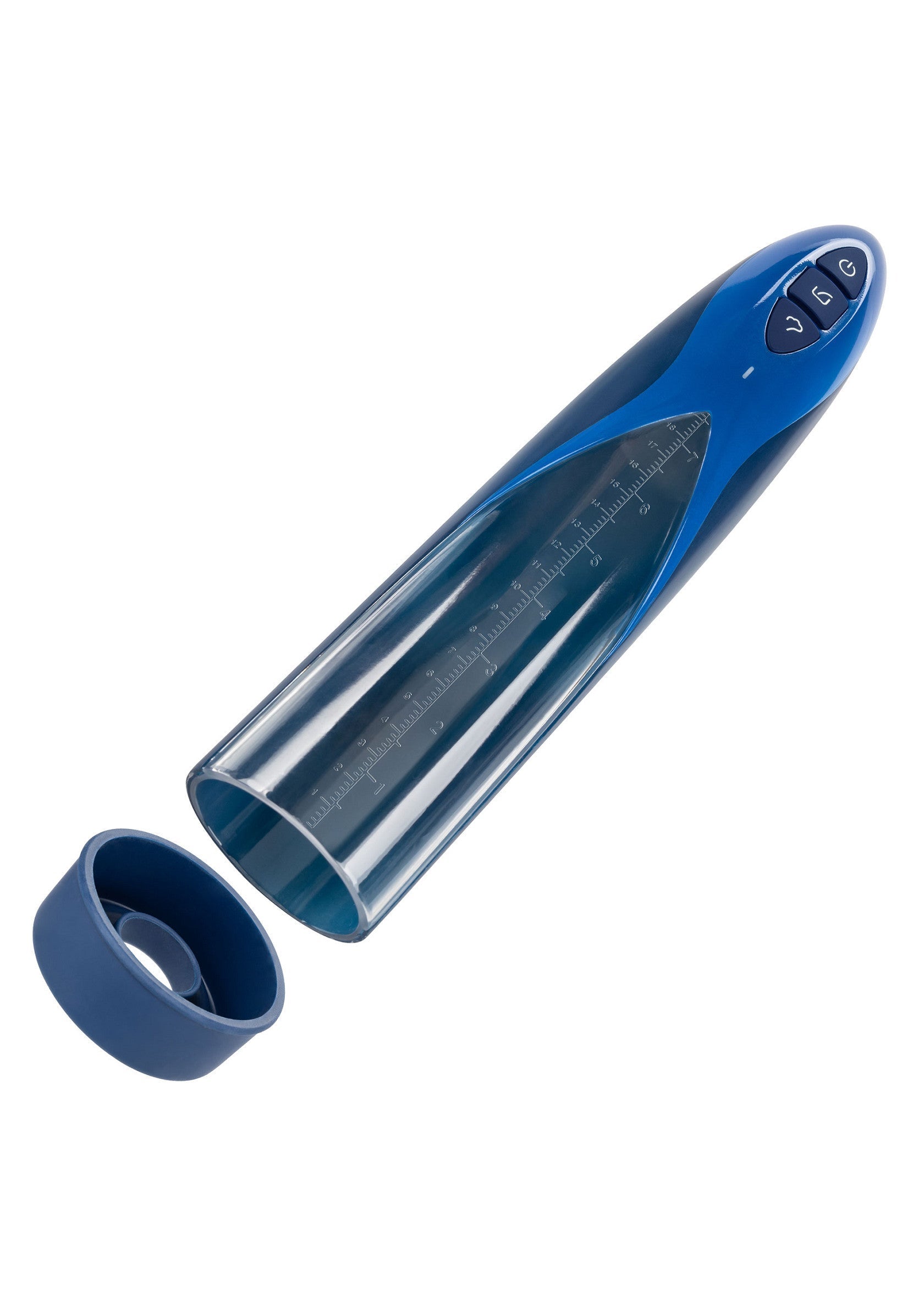 Pompe à pénis bleue pour plus de plaisir et de satisfaction.; Blauwe penis pomp voor meer plezier en voldoening.; Blue penis pump for increased pleasure and satisfaction.