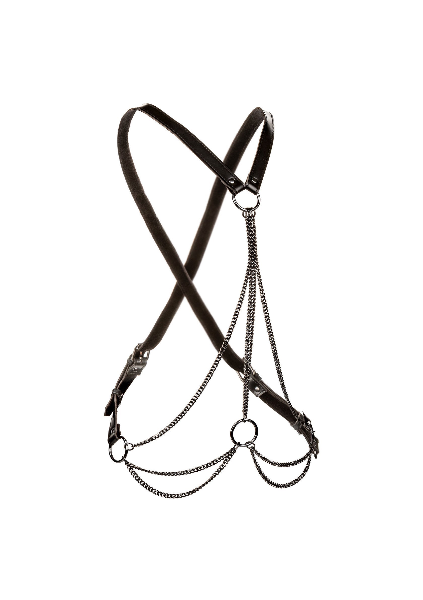 Harnais de corps noir avec chaînes argentées, accessoire de mode audacieux.; Zwart body harnas met zilveren kettingen, een edgy modeaccessoire.; Black body harness with silver chains, an edgy fashion accessory.