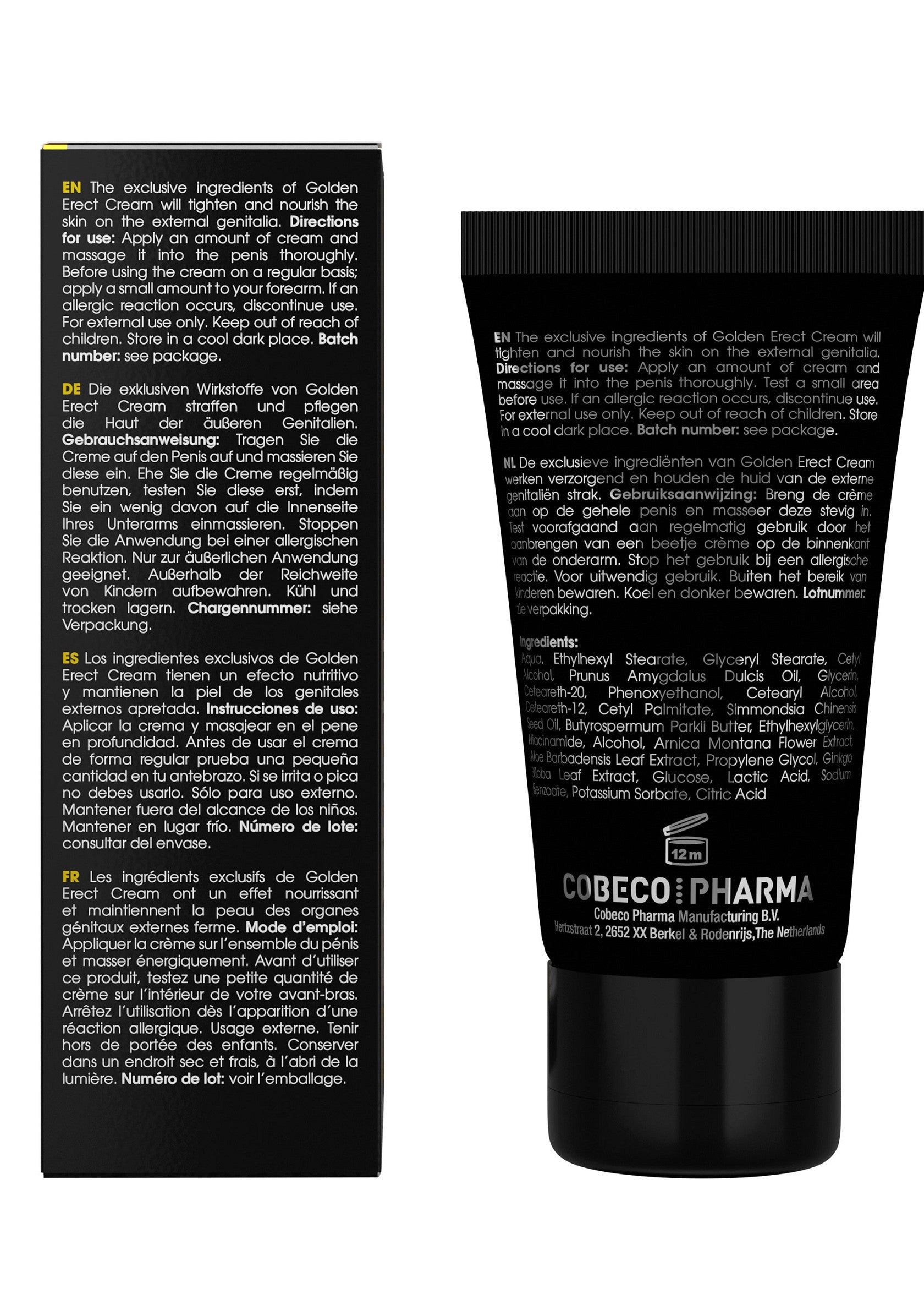 Crème Golden Erect pour homme, soin intime raffermissant et nourrissant. Ingrédients de qualité supérieure. 50 caractères max.; Golden Erect crème voor mannen, verstevigende en verzorgende intieme verzorging. Top ingrediënten. Max. 50 tekens.; Golden Erect cream for men, firming and nourishing intimate care. Top ingredients. Max 50 characters.