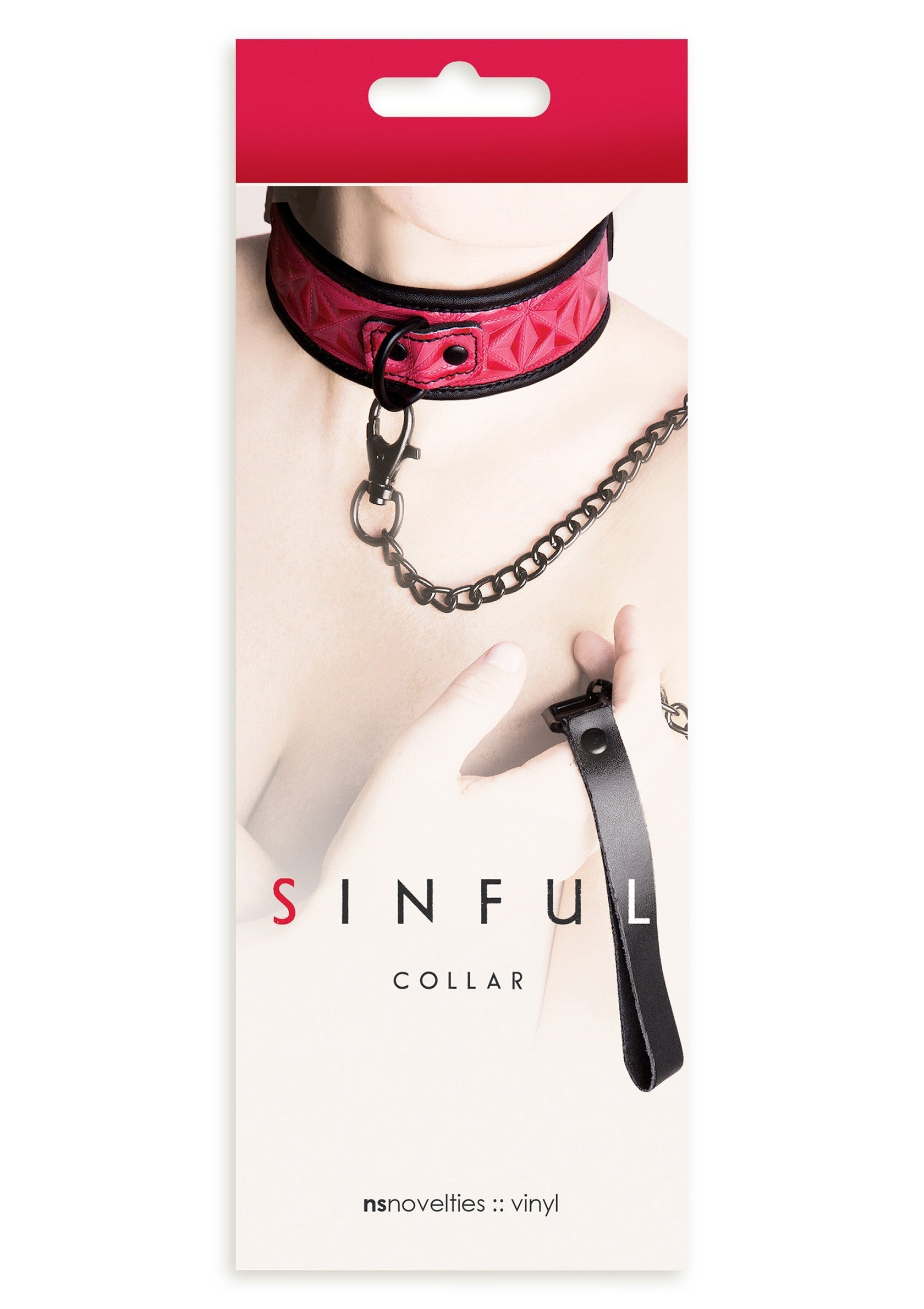 Collier 'Sinful' rose avec chaîne. Accessoire érotique en vinyle pour pimenter votre vie amoureuse.; Roze 'Sinful' halsband met ketting. Erotische vinyl accessoire om je liefdesleven mee op te peppen.; Pink 'Sinful' collar with chain. Erotic vinyl accessory to spice up your love life.