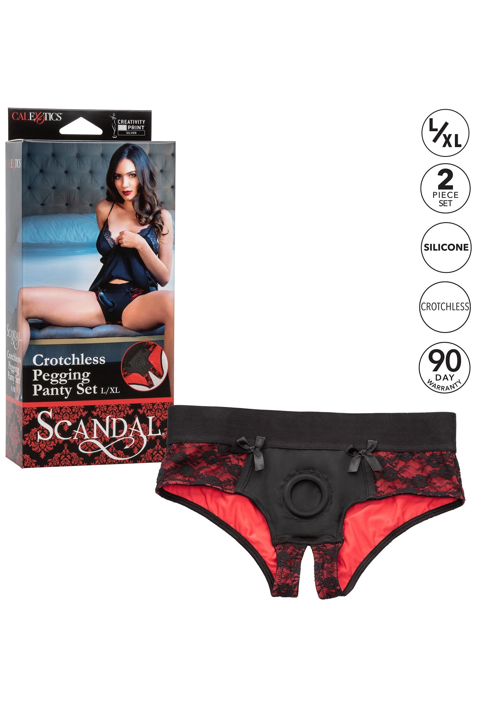 Ensemble de culottes sans entrejambe pour homme. Dentelle noire et rouge. Accessoire érotique de qualité. Taille L/XL.; Kruisloos slipje voor heren. Zwart en rood kant. Erotisch accessoire van hoge kwaliteit. Maat L/XL.; Men's crotchless panty set. Black and red lace. High quality erotic accessory. Size L/XL.