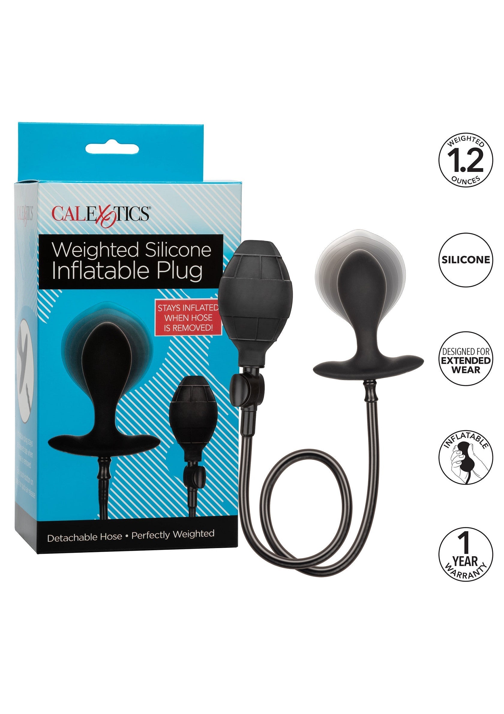 Plug gonflable lesté en silicone CalExotics. Confort longue durée. Gonfleur amovible. ; CalExotics gewichthebbende, opblaasbare siliconen plug. Langdurig comfort. Verwijderbare slang.; CalExotics weighted silicone inflatable plug. Long lasting comfort. Detachable hose.