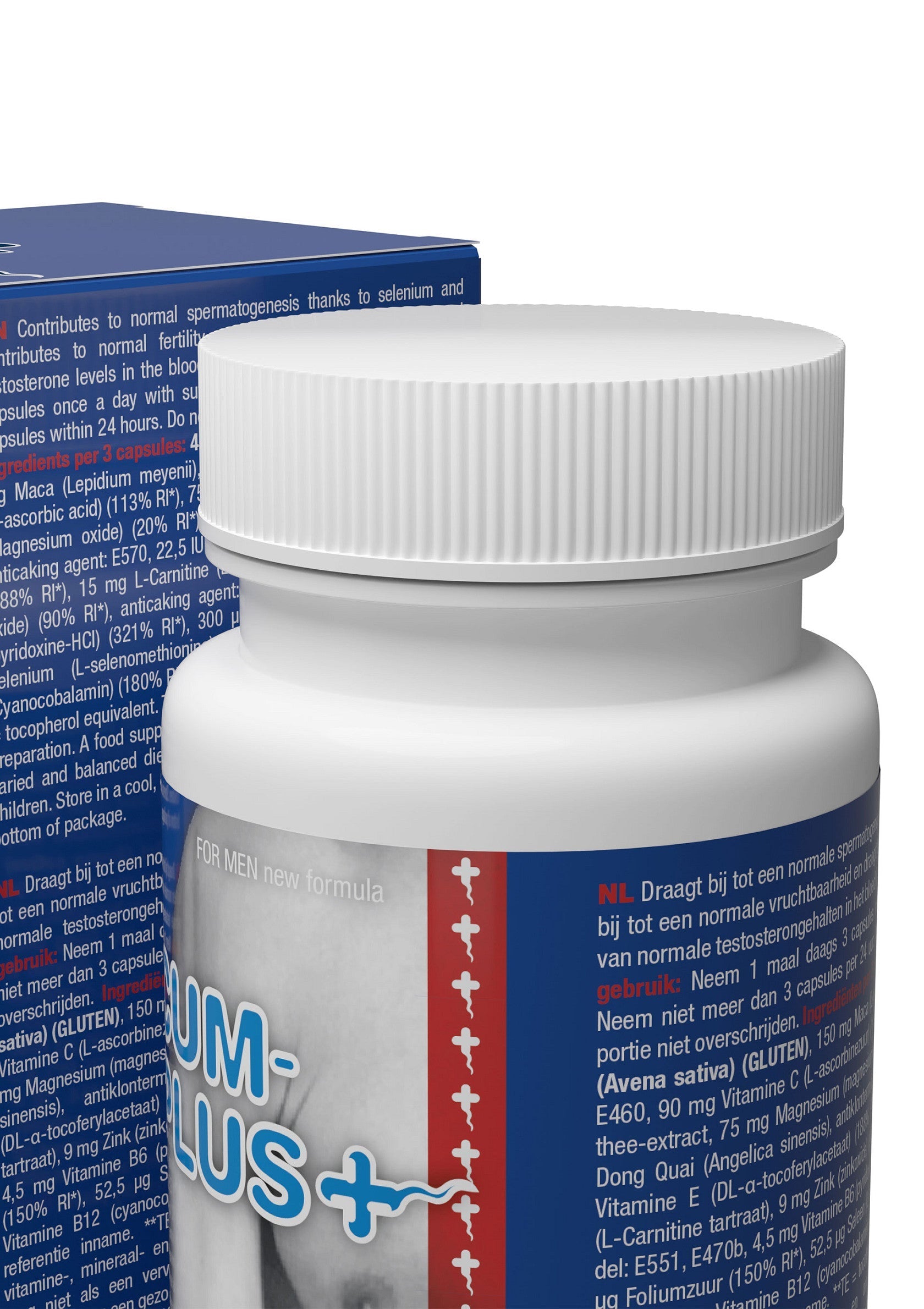Complément alimentaire pour hommes : soutient la fertilité et les niveaux de testostérone. Contribue à la spermatogenèse.; Voedingssupplement voor mannen: ondersteunt de vruchtbaarheid en testosteronniveaus. Draagt bij aan de spermatogenese.; Men's supplement: Supports fertility & testosterone levels. Contributes to normal spermatogenesis thanks to selenium.