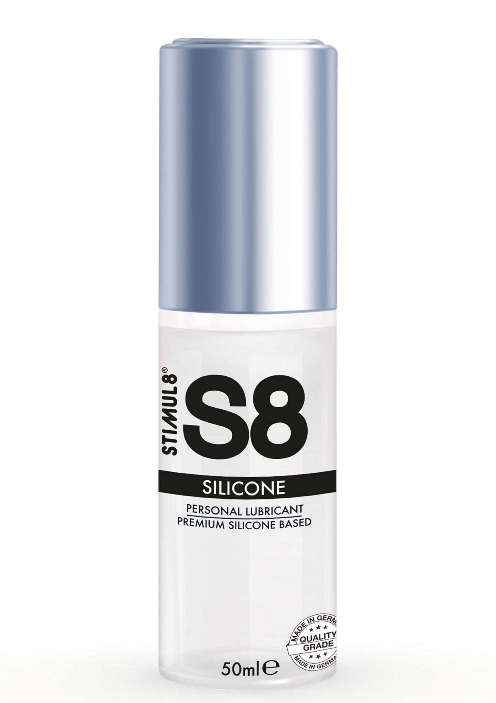 Lubrifiant personnel Stimul8 S8 à base de silicone. Premium, longue durée et compatible avec les préservatifs.; Stimul8 S8 siliconen glijmiddel. Premium, langdurig en geschikt voor gebruik met condooms.; Stimul8 S8 silicone personal lubricant. Premium, long-lasting, and compatible with condoms.