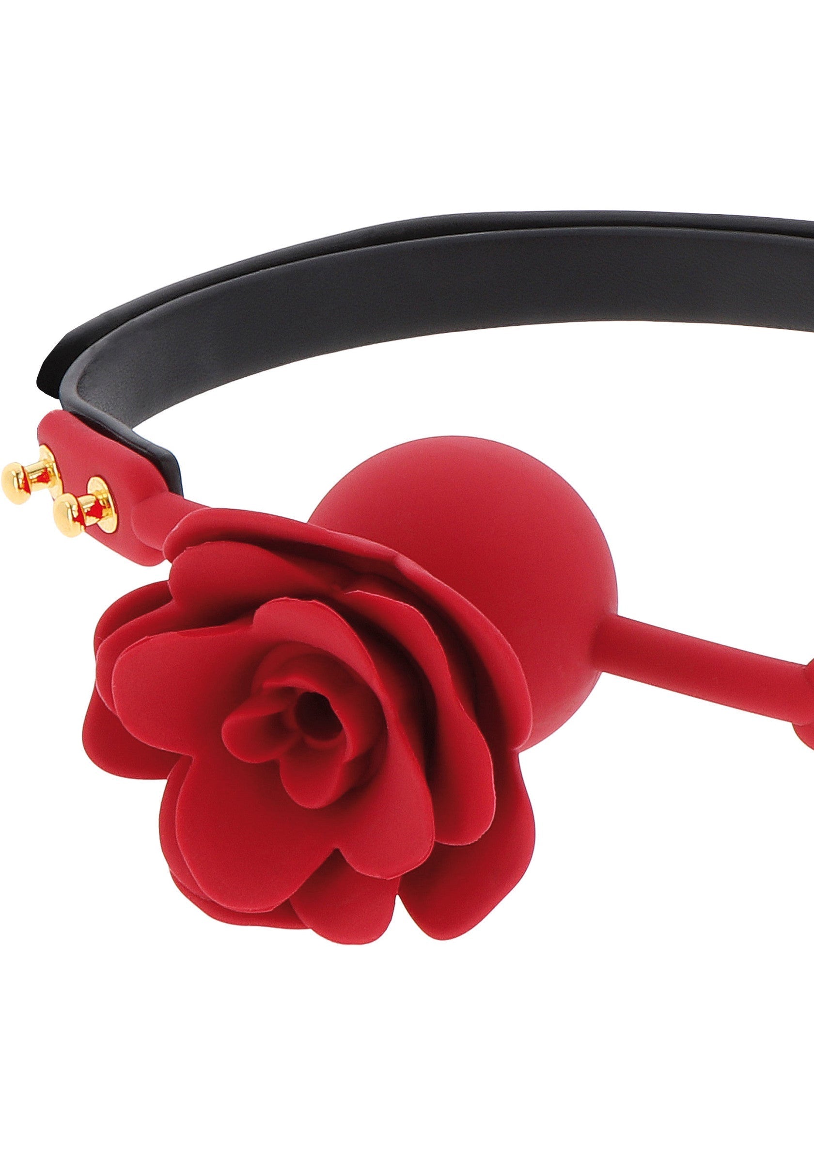 Gag rose rouge fantaisie avec ceinture noire ajustable pour le plaisir et les jeux coquins.; Fantasie rode rozenknevel met verstelbare zwarte riem voor plezier en ondeugende spelletjes.; Fantasy red rose gag with adjustable black strap for pleasure and kinky play.