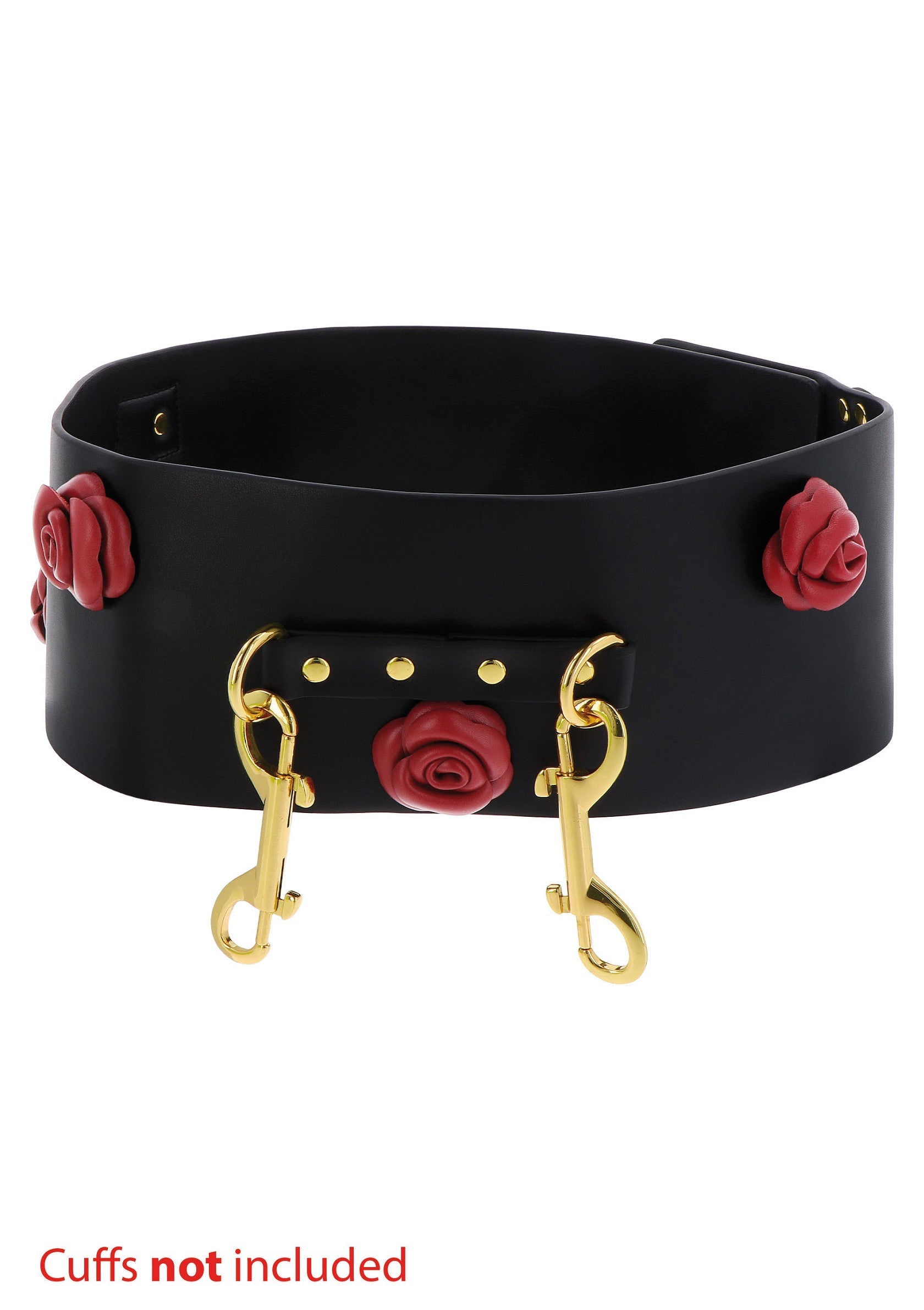 Collier noir orné de roses rouges et de fermoirs dorés. Accessoire élégant et audacieux.; Zwarte halsband versierd met rode rozen en gouden sluitingen. Stijlvol en gedurfd accessoire.; Black collar adorned with red roses and golden clasps. Stylish and bold accessory.