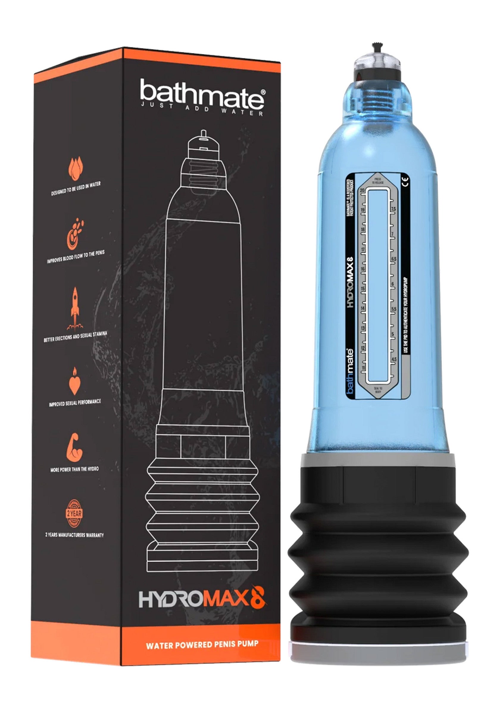 Bathmate Hydromax 8: Pompe pénienne à eau pour des résultats impressionnants. Augmentez votre taille et votre confiance en vous!; Bathmate Hydromax 8: Water aangedreven penis pomp voor indrukwekkende resultaten. Vergroot je maat en zelfvertrouwen!; Bathmate Hydromax 8: Water-powered penis pump for impressive results. Increase your size and confidence!
