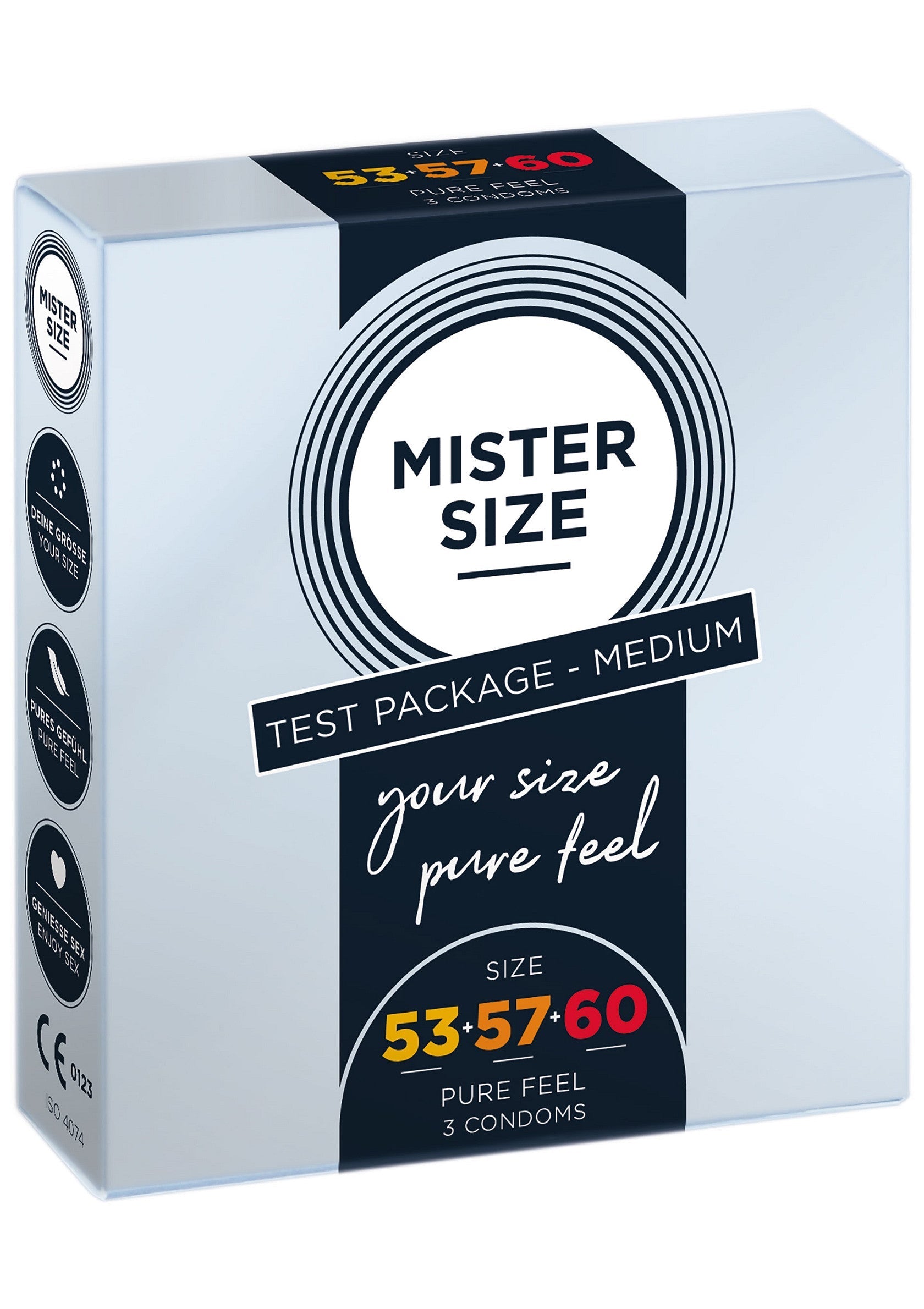Préservatifs Mister Size, pack d'essai de taille moyenne. Sensation pure, tailles 53/57/60. Achetez en ligne.; Mister Size condooms, medium proefpakket. Pure feel, maten 53/57/60. Koop online.; Mister Size condoms, medium test package. Pure feel, sizes 53/57/60. Buy online.